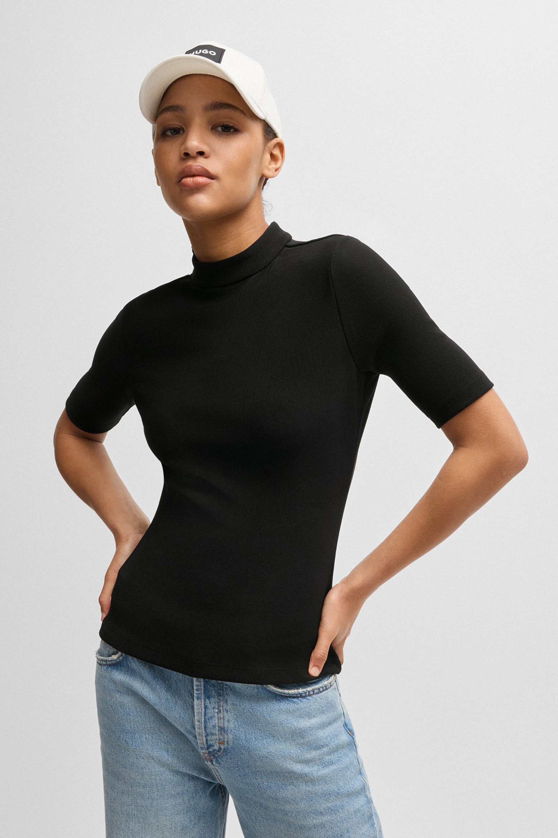 HUGO Ribbed Stretch Jersey Top Dagoon