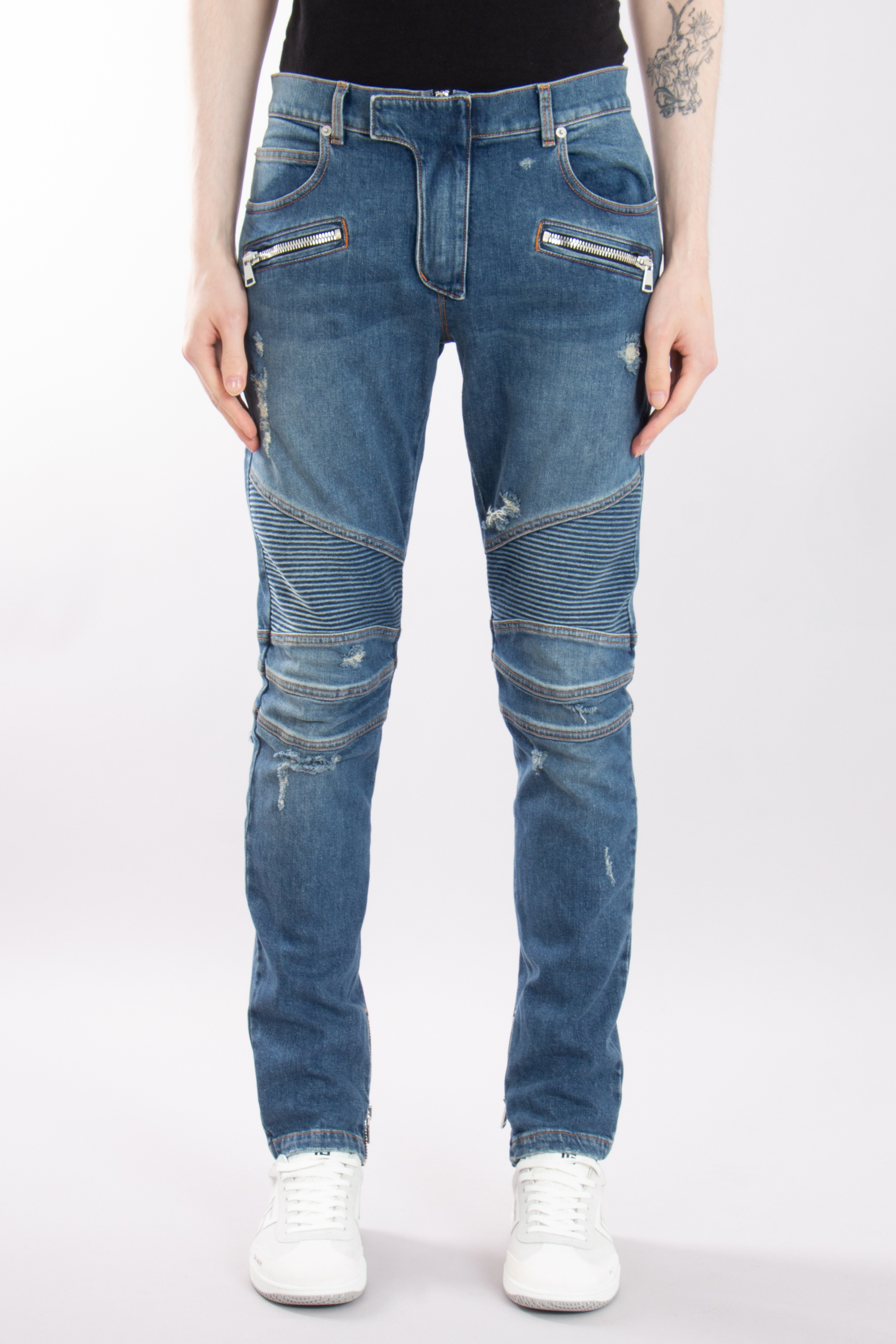 BALMAIN Cotton Stretch Denim Biker Jeans