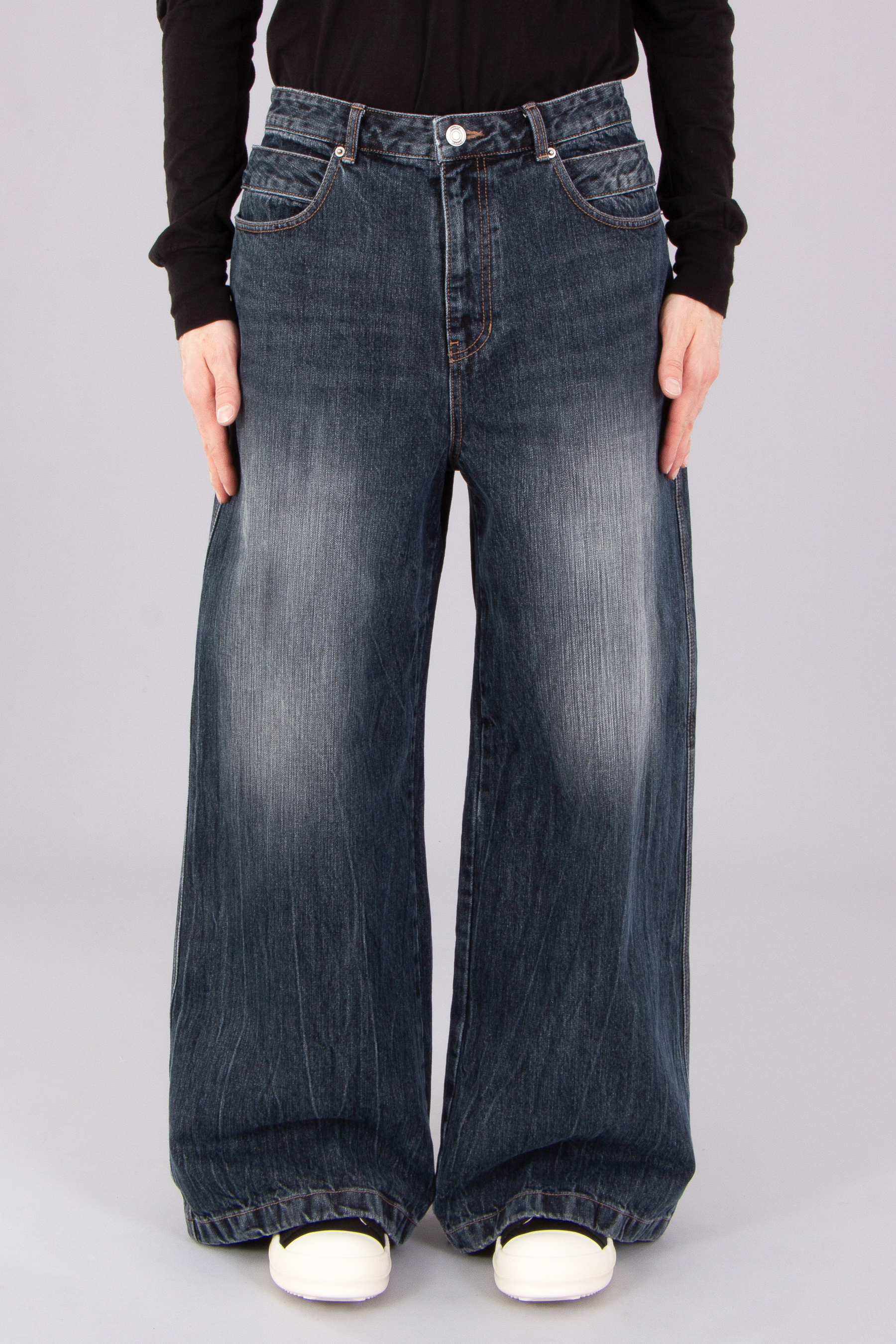 JUUN.J Wide Leg Washed Cotton Denim Double Waist Jeans