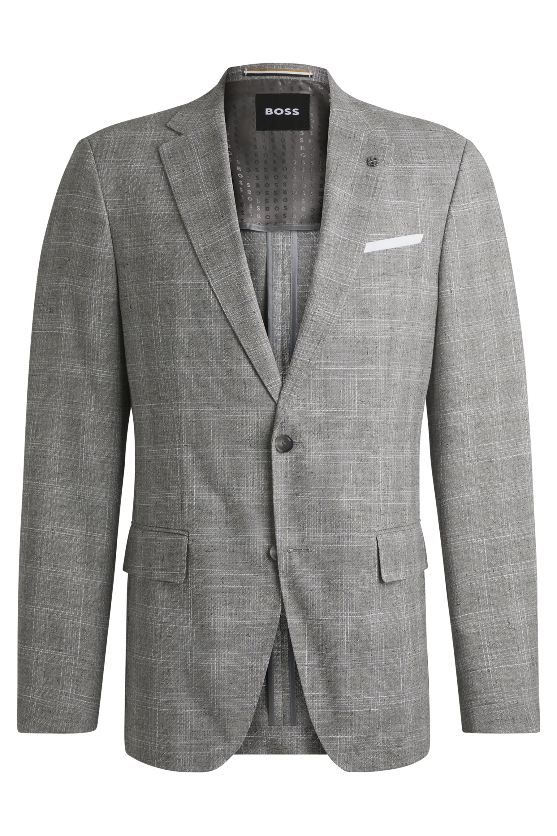 BOSS Slim Fit Checked Virgin Wool-Cotton-Linen Blend Jacket H-Hutson 