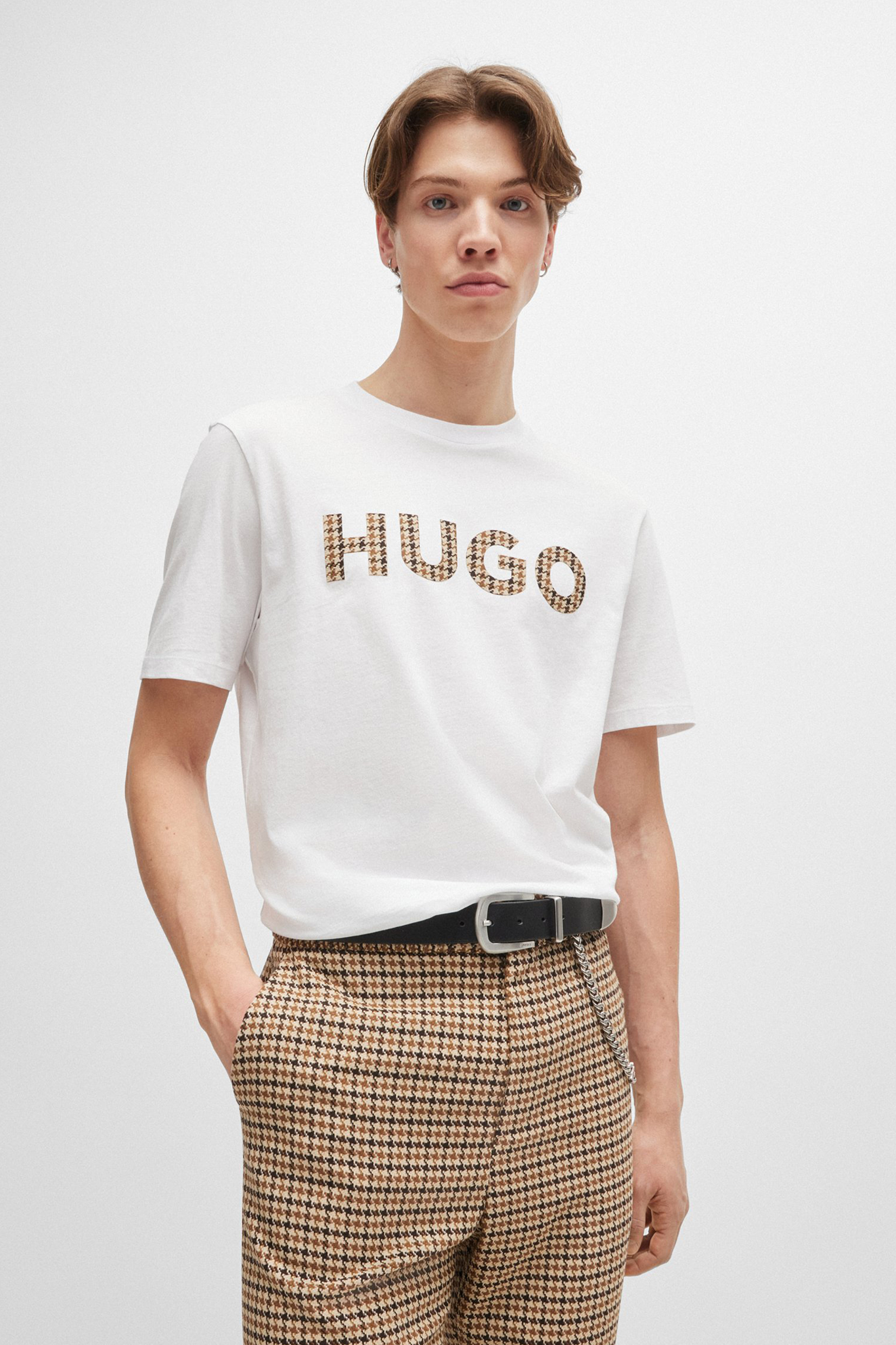 HUGO Houndstooth Logo Cotton Jersey T-Shirt Dulivio