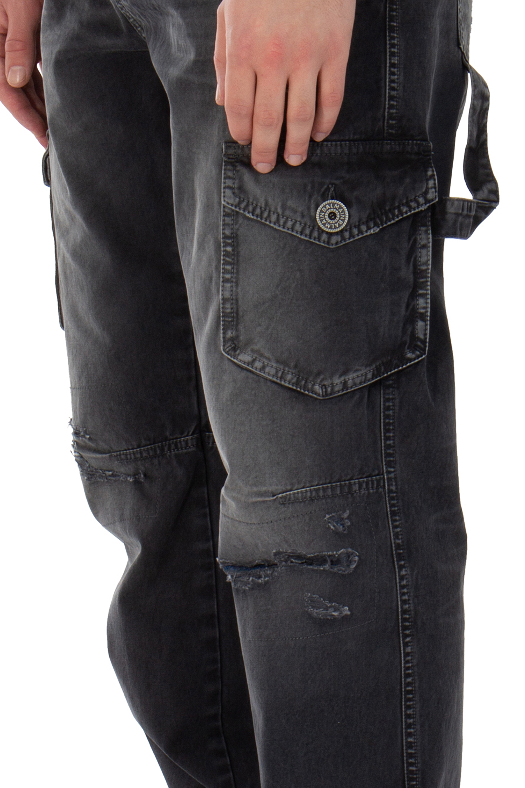 BALMAIN Used-Look Cotton Denim Cargo Pants