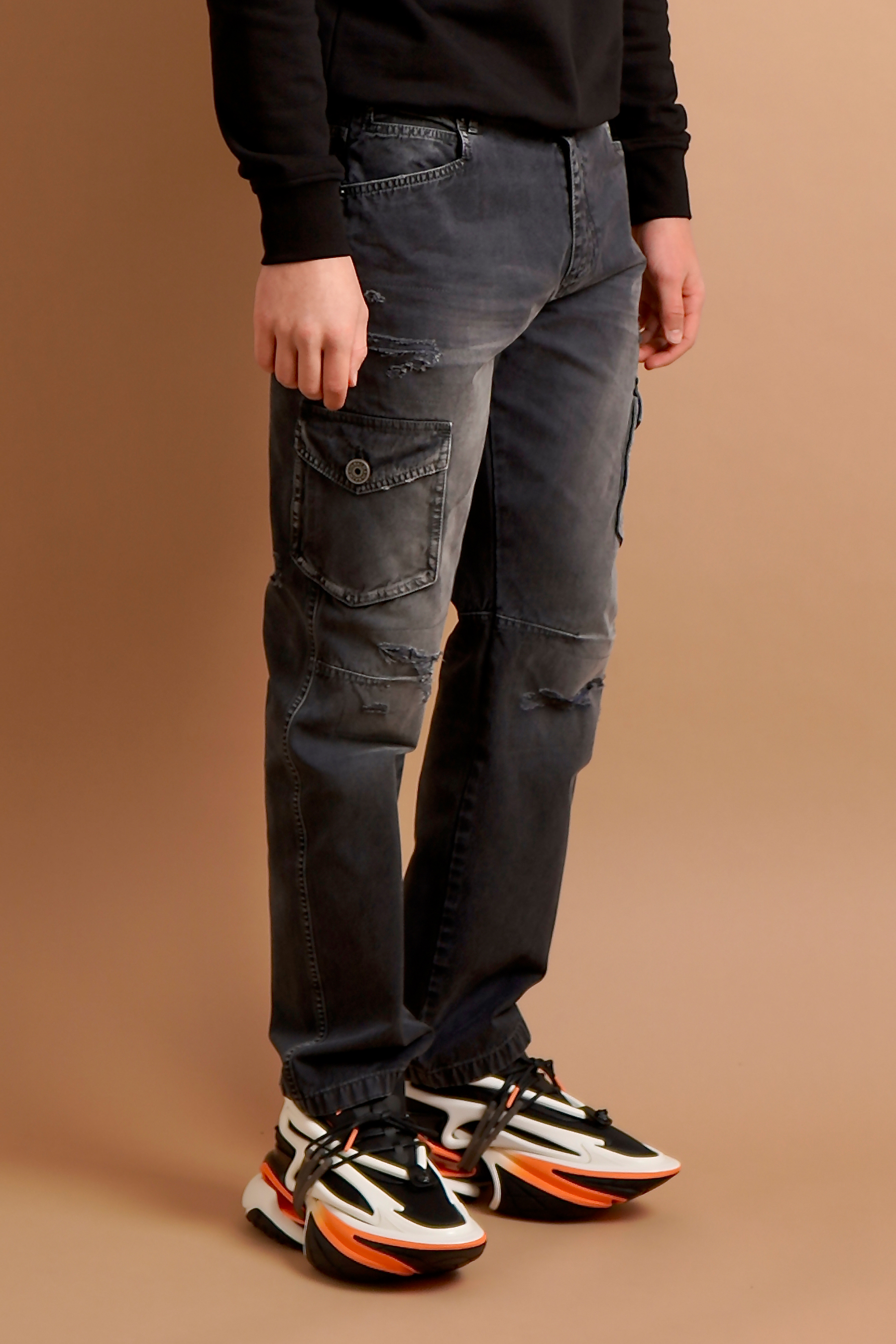 BALMAIN Used-Look Cotton Denim Cargo Pants