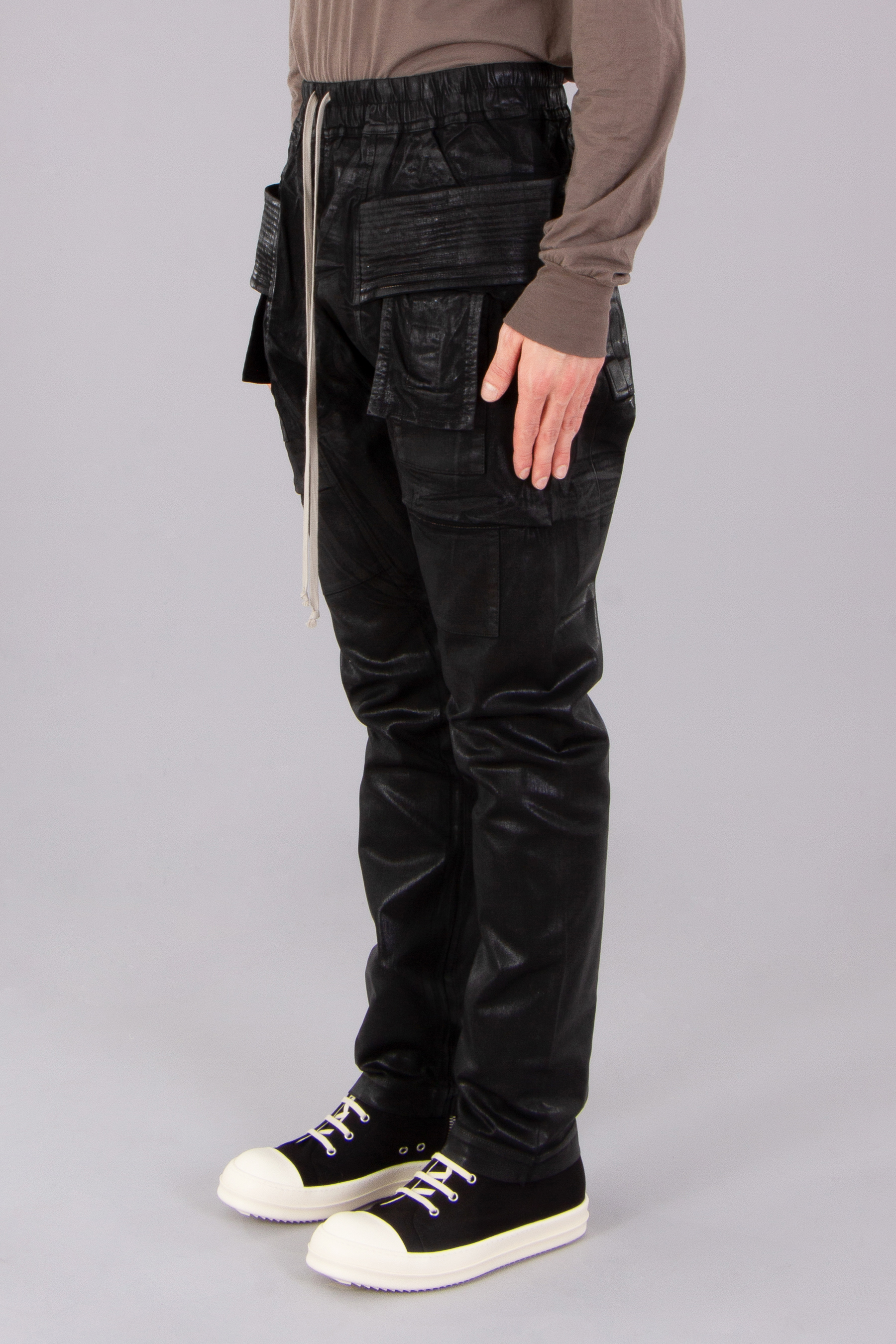 RICK OWENS DRKSHDW Creatch Cargo Drawstring Overdyed Foil Stretch Denim Pants