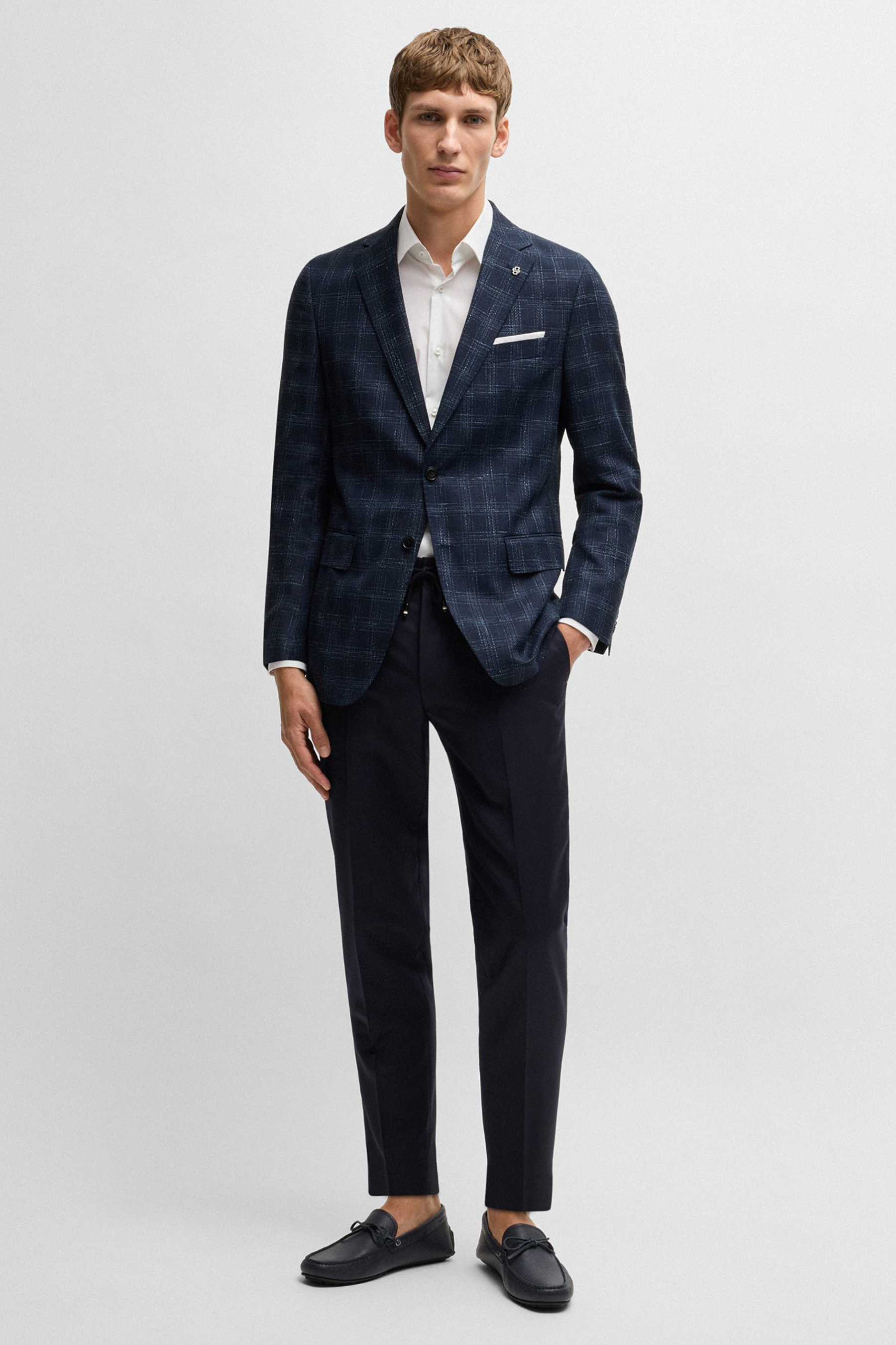 BOSS Slim Fit Checked Virgin Wool-Cotton-Linen Blend Jacket H-Hutson 