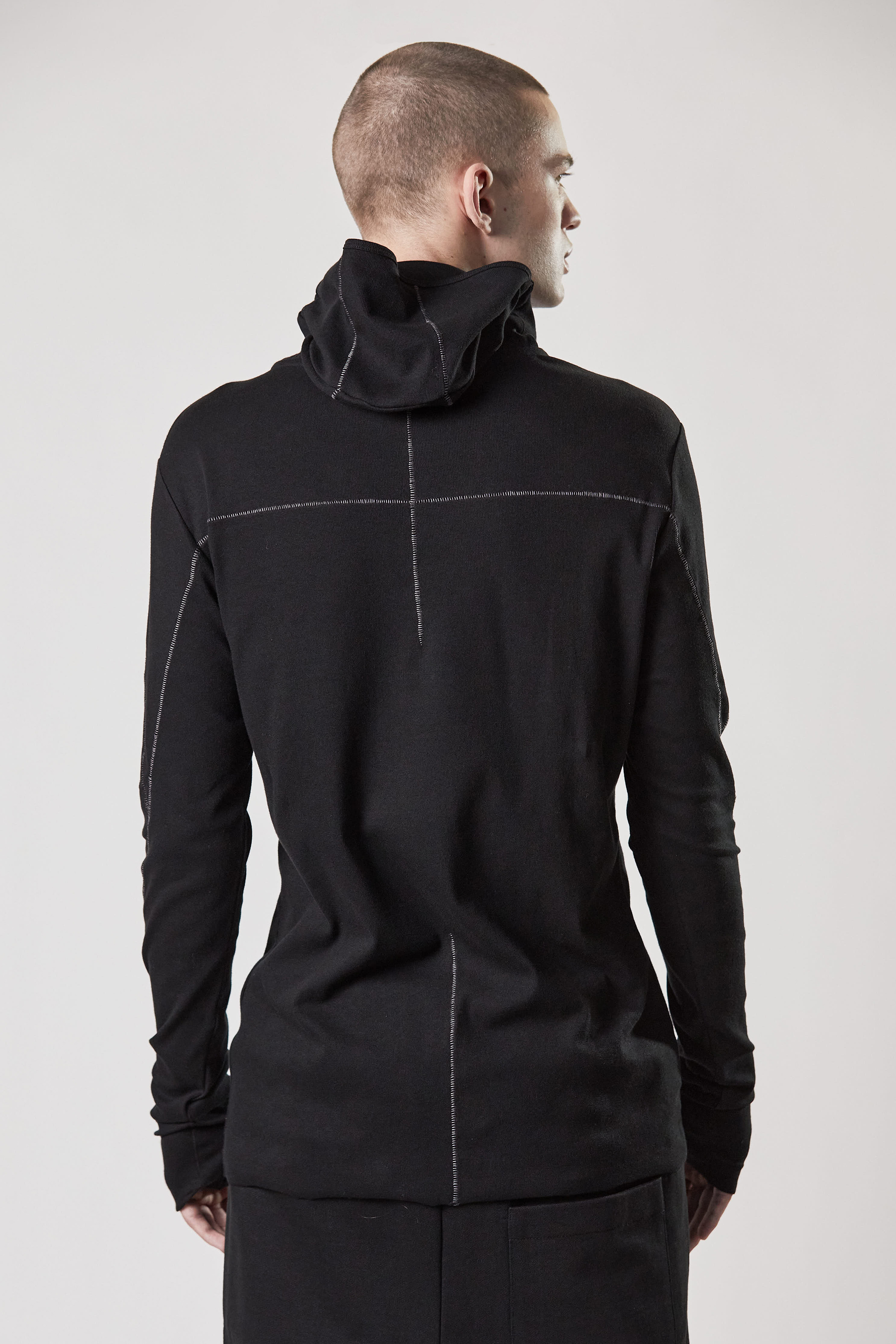 THOM KROM Balaclava Hooded Ribbed Cotton Stretch Long Sleeve T-Shirt