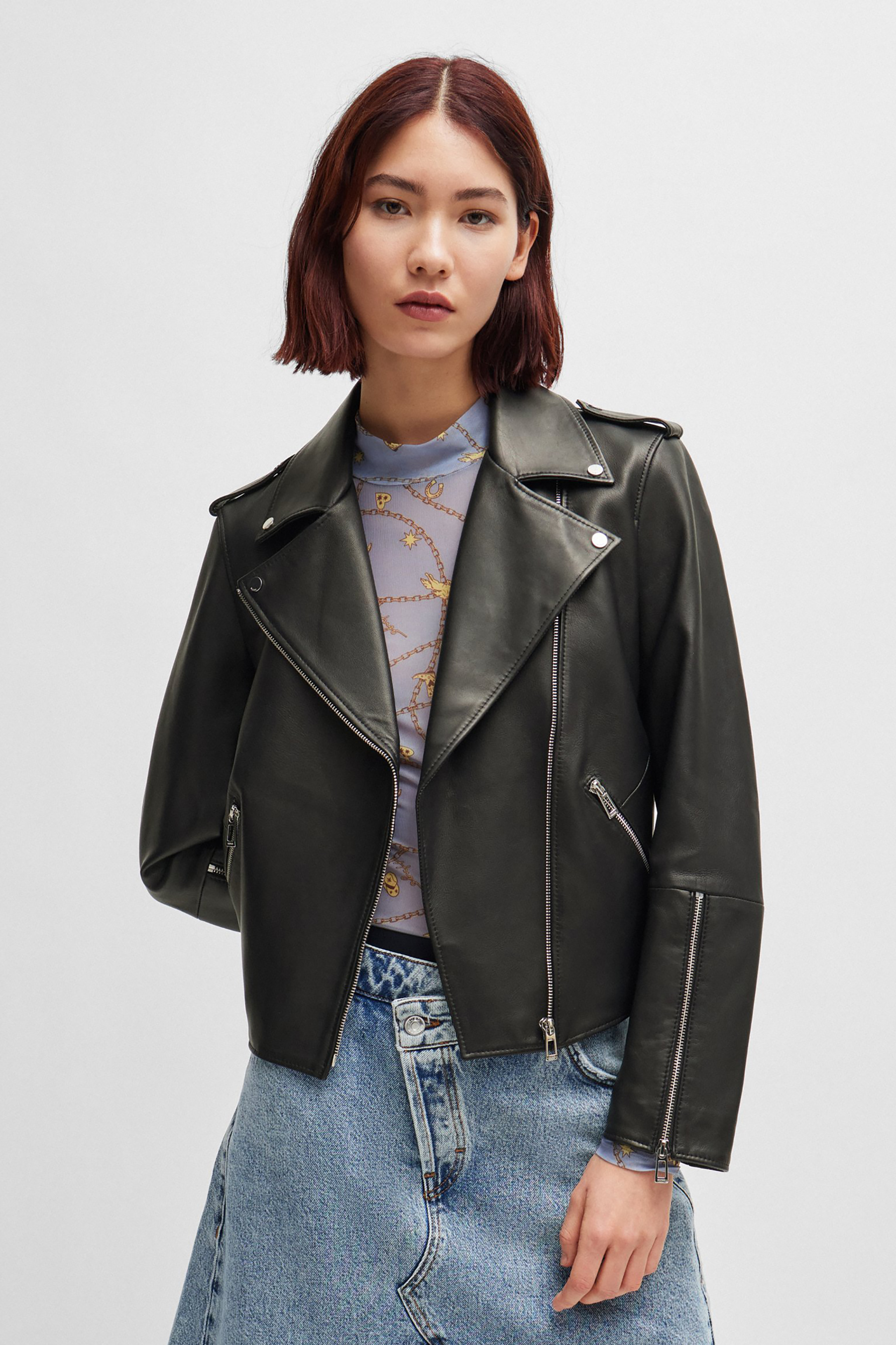 HUGO Regular Fit Leather Biker Jacket Lujana