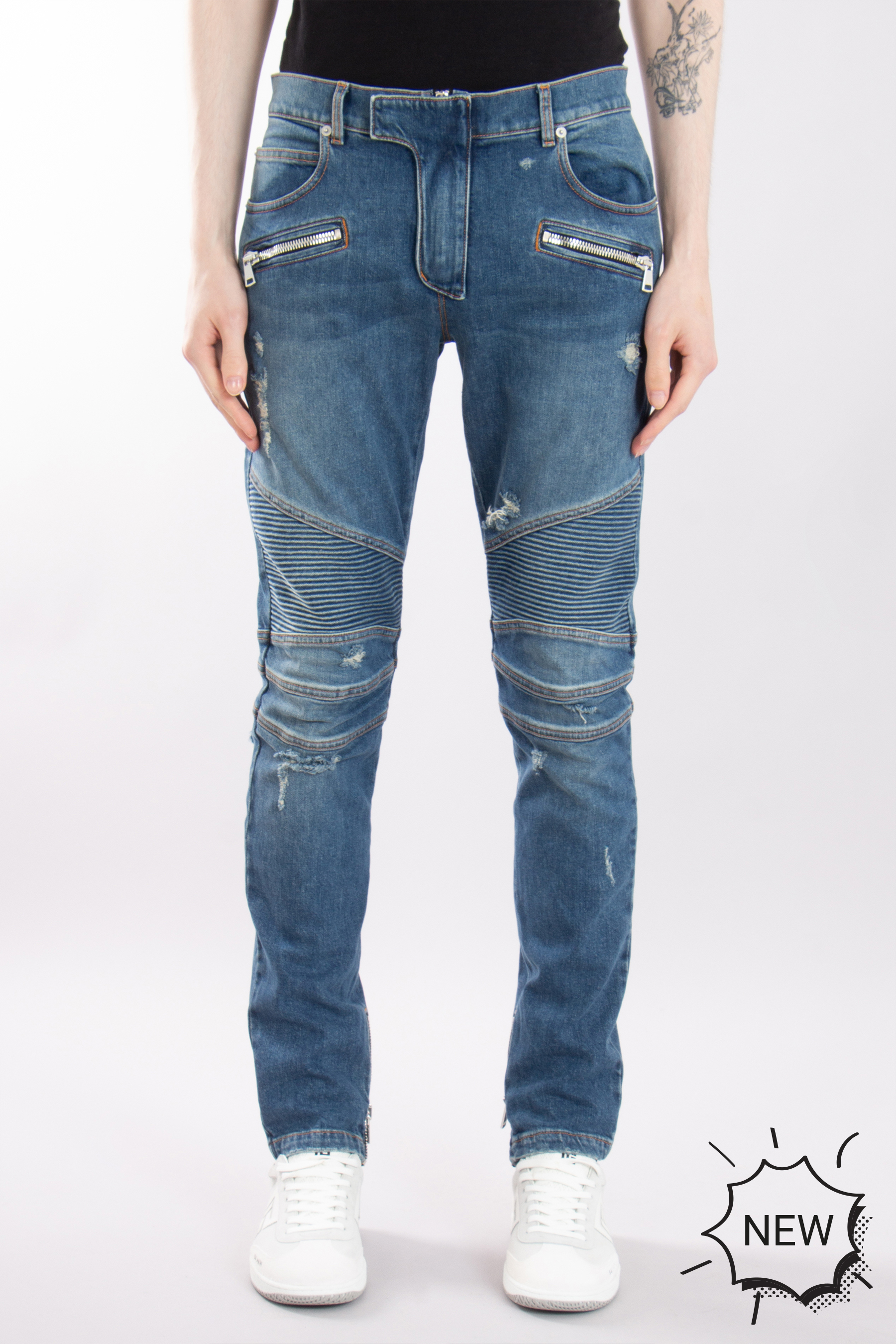 BALMAIN Cotton Stretch Denim Biker Jeans