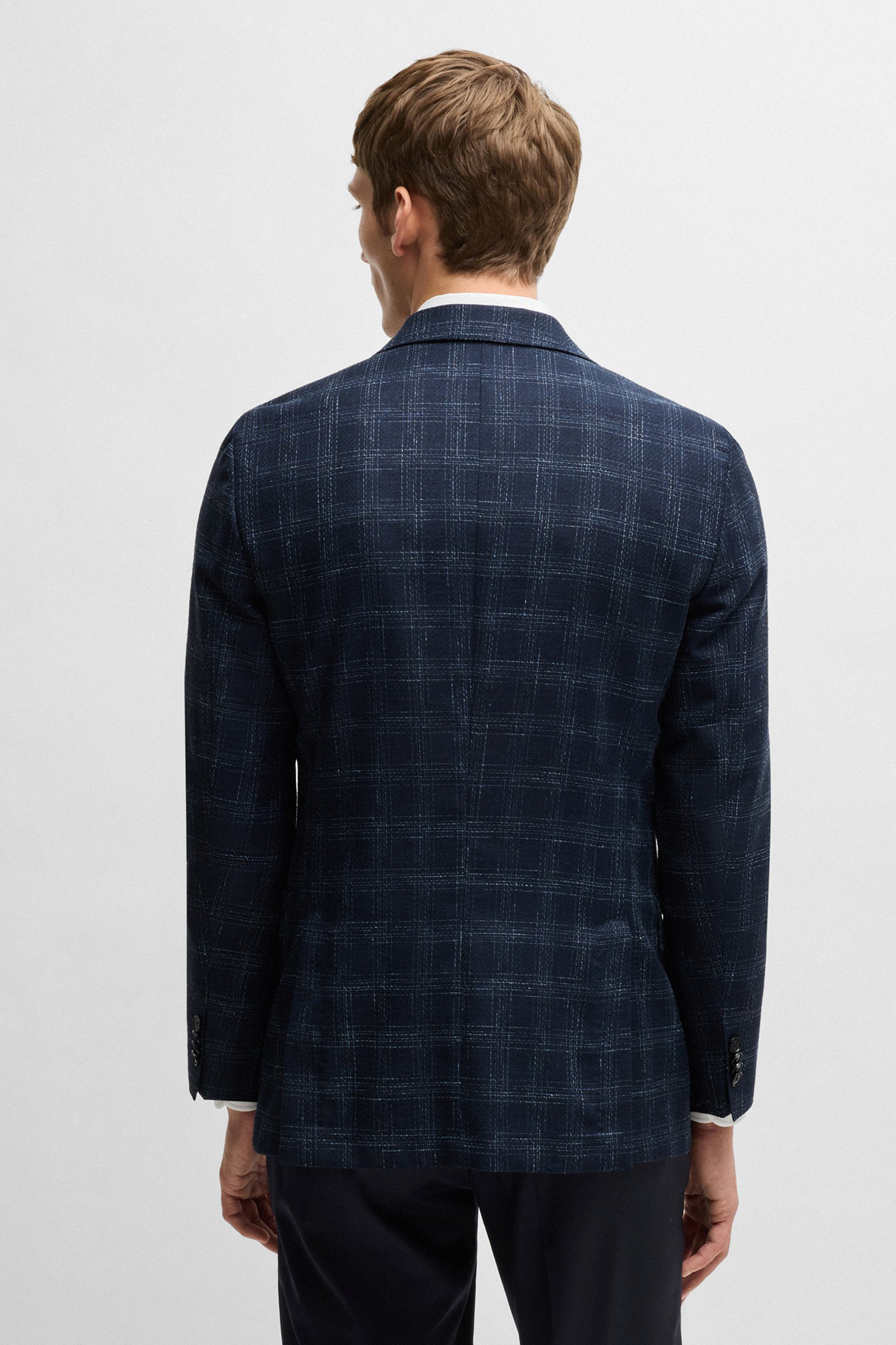 BOSS Slim Fit Checked Virgin Wool-Cotton-Linen Blend Jacket H-Hutson 