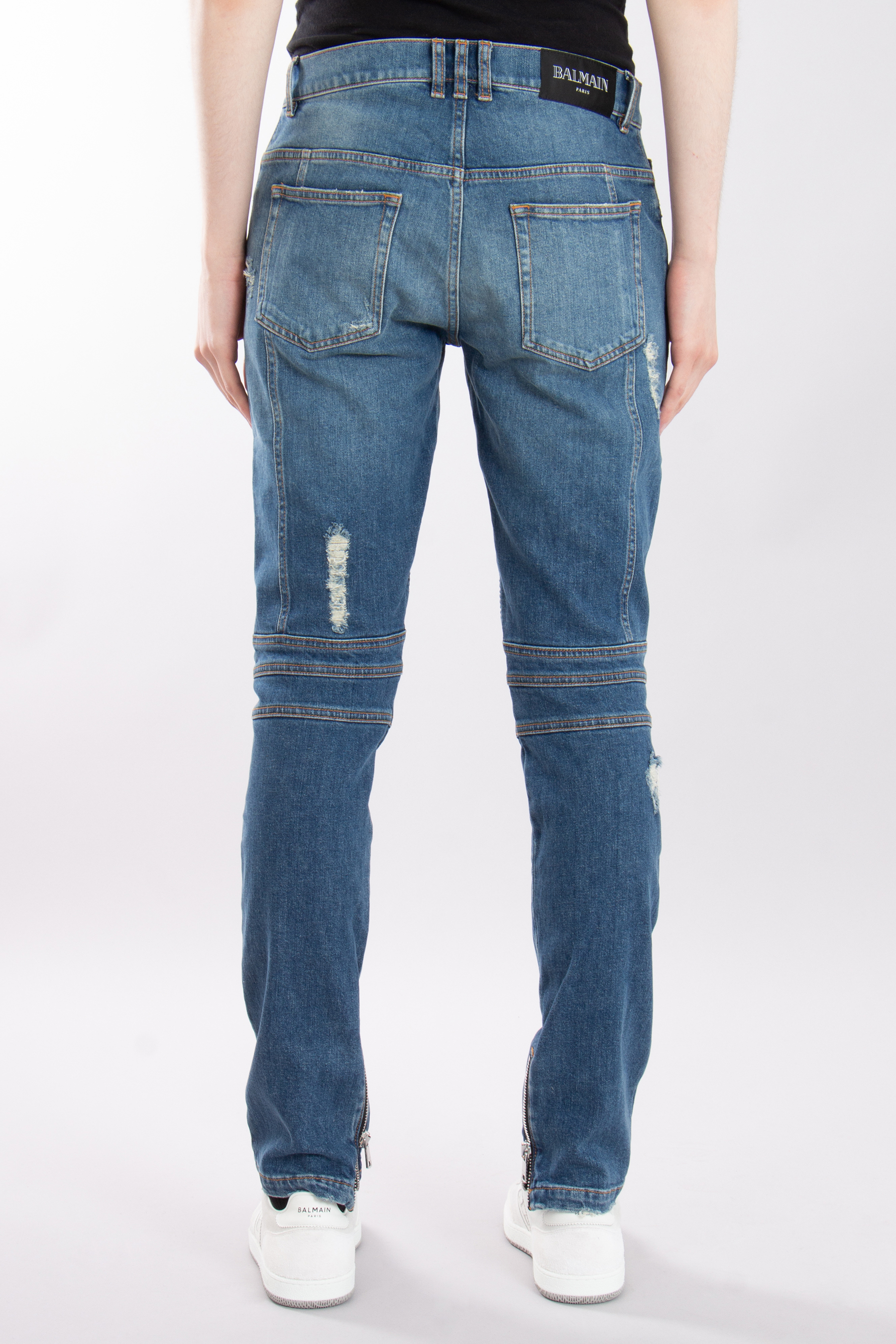 BALMAIN Cotton Stretch Denim Biker Jeans