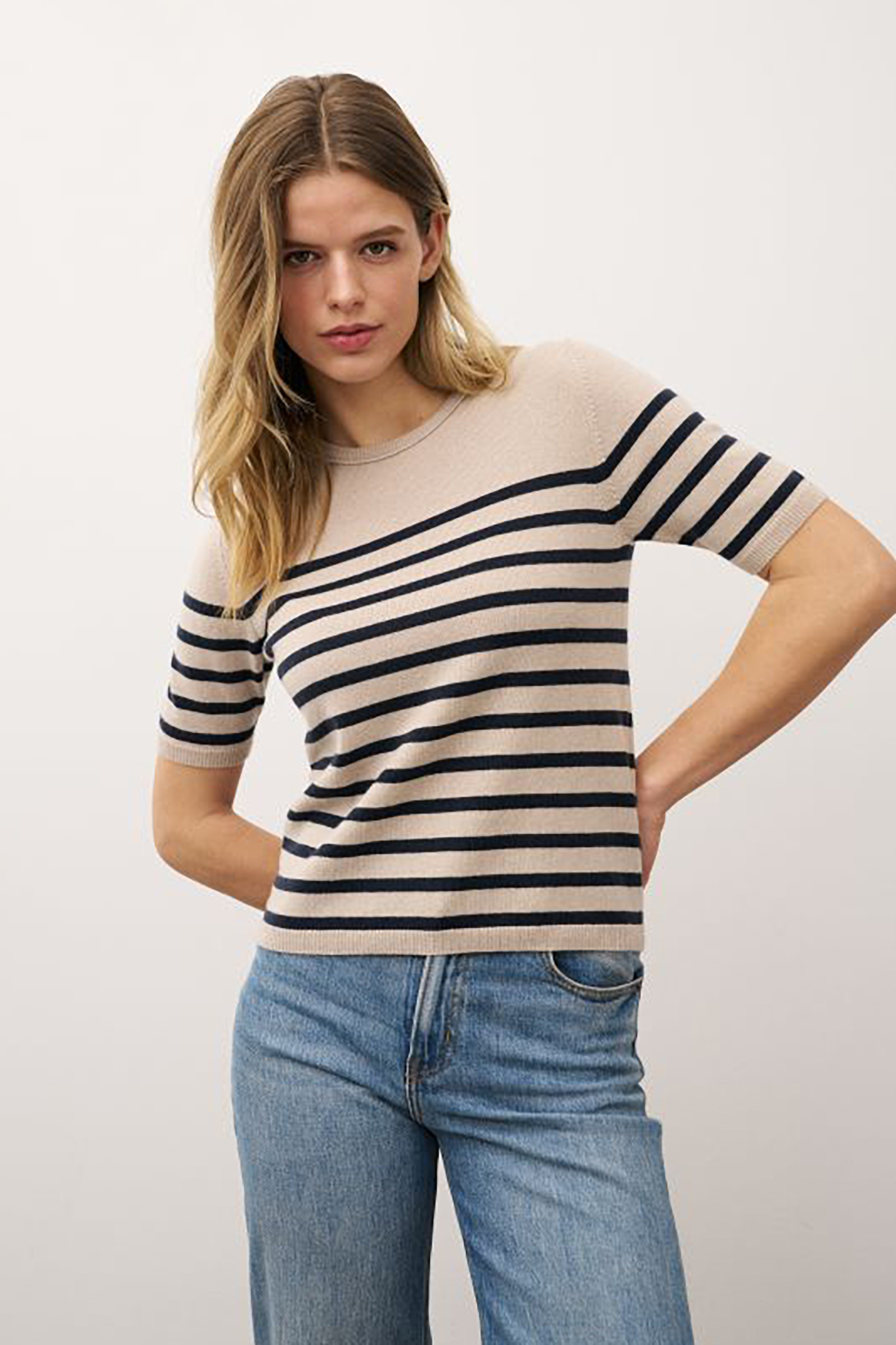 0039 ITALY Regular Fit Striped Cashmere-Wool Blend Short Sleeve Sweater Isola Stripe