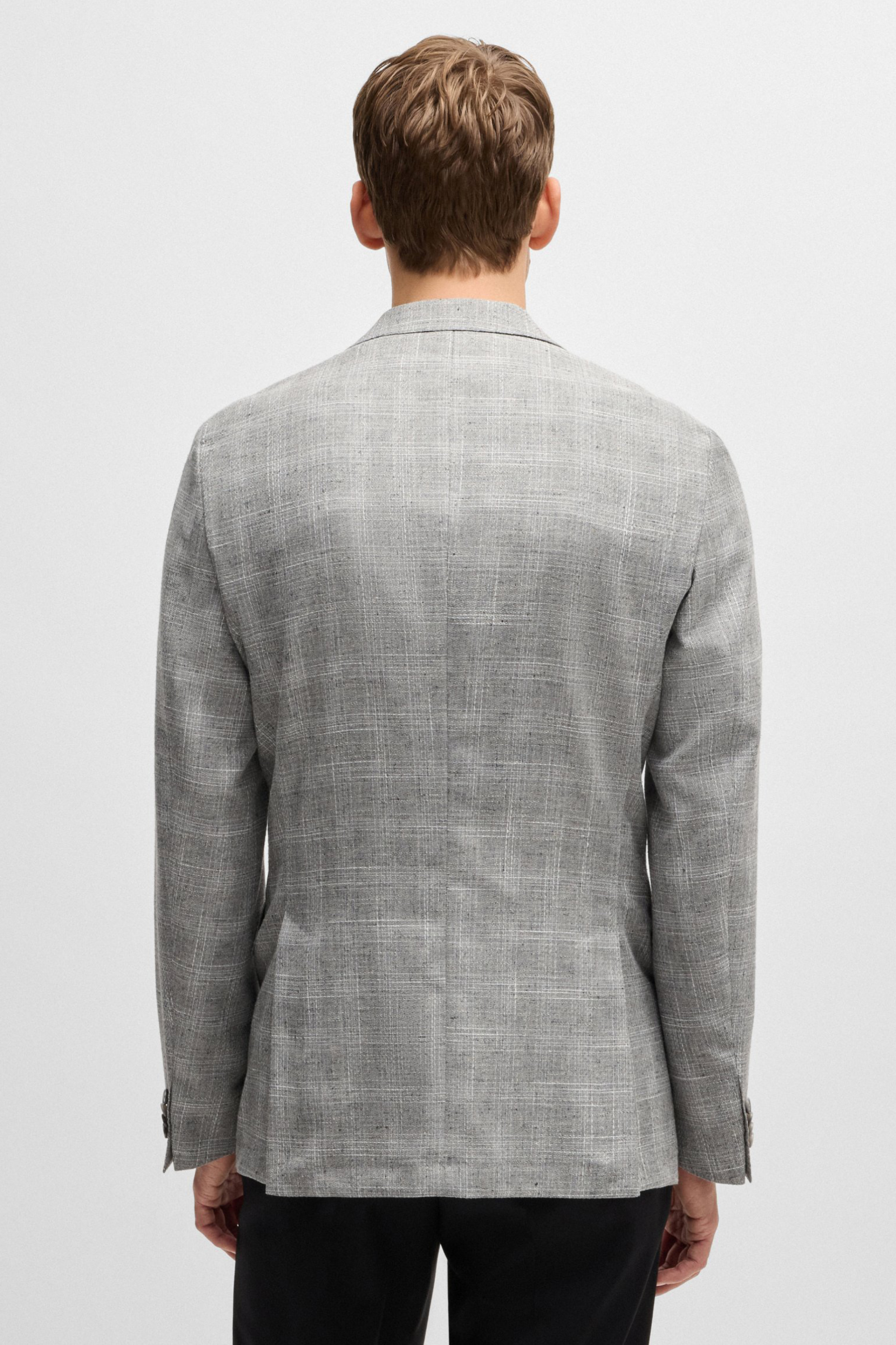 BOSS Slim Fit Checked Virgin Wool-Cotton-Linen Blend Jacket H-Hutson 