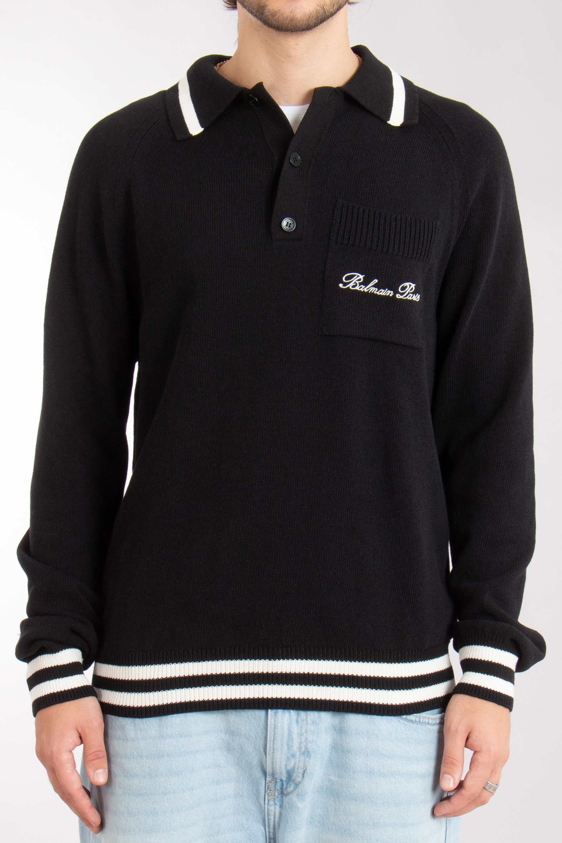 BALMAIN Longsleeve Lyocell-Cotton-Blend Knit Polo