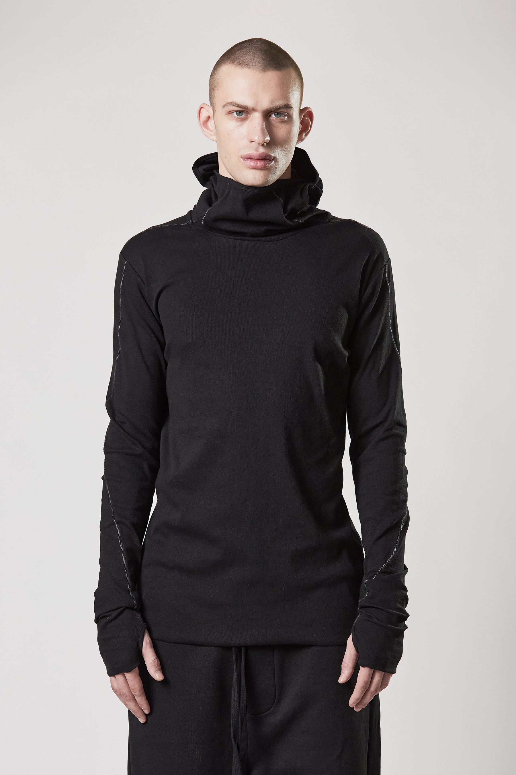 THOM KROM Balaclava Hooded Ribbed Cotton Stretch Long Sleeve T-Shirt