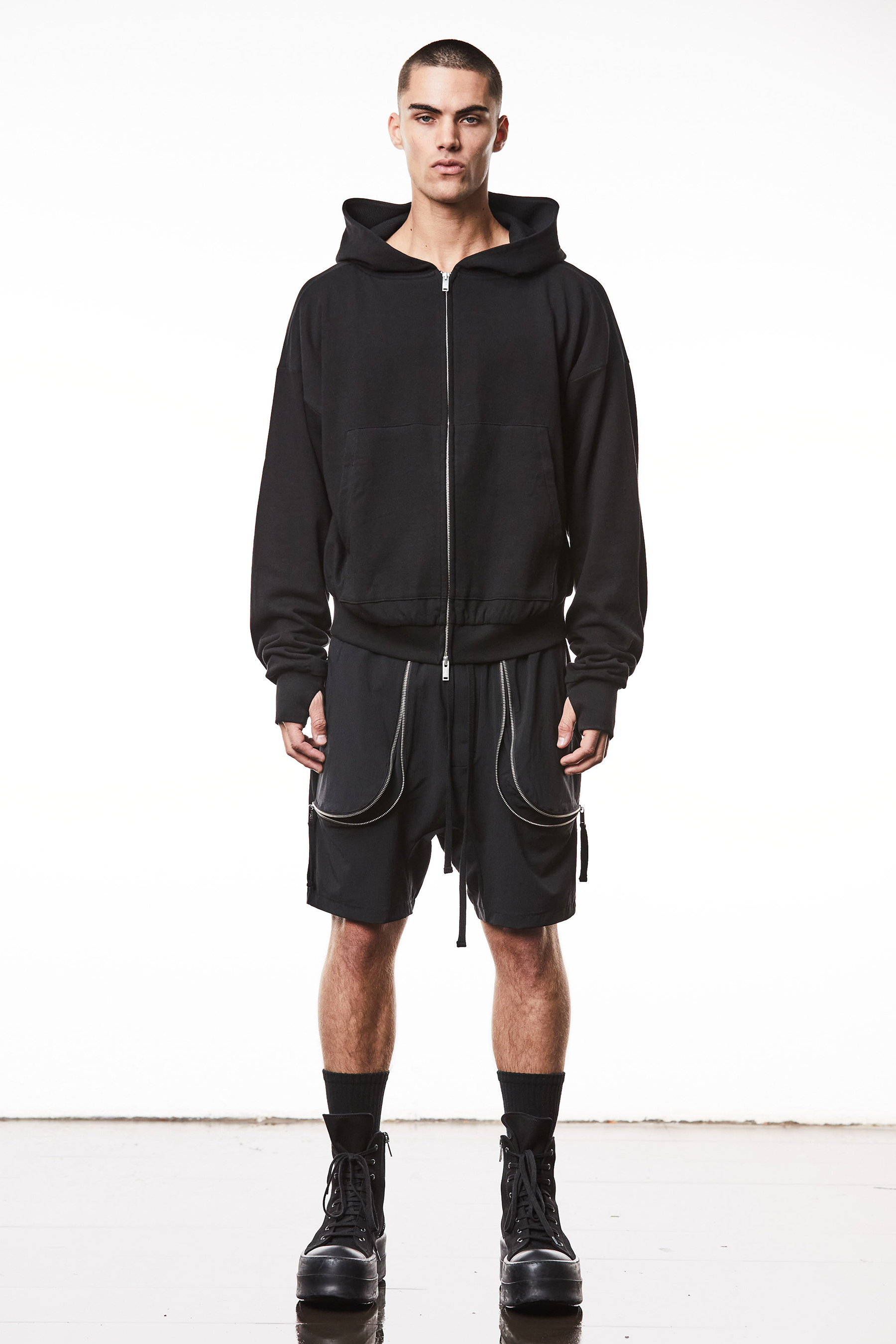 THOM KROM Oversized Cropped Matmix Cotton Jersey Hooded Sweat Jacket