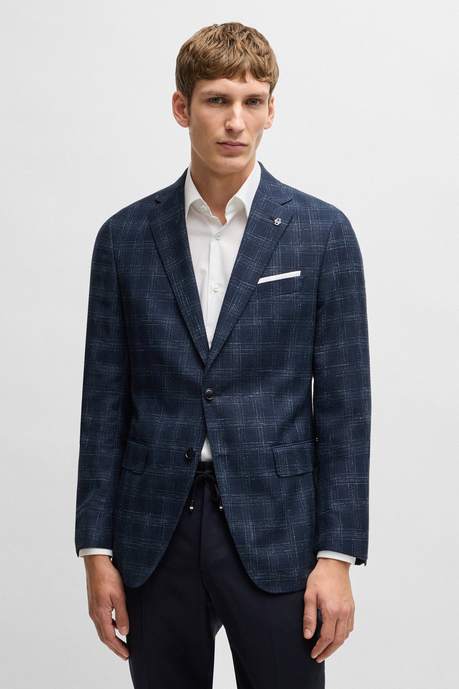 BOSS Slim Fit Checked Virgin Wool-Cotton-Linen Blend Jacket H-Hutson 