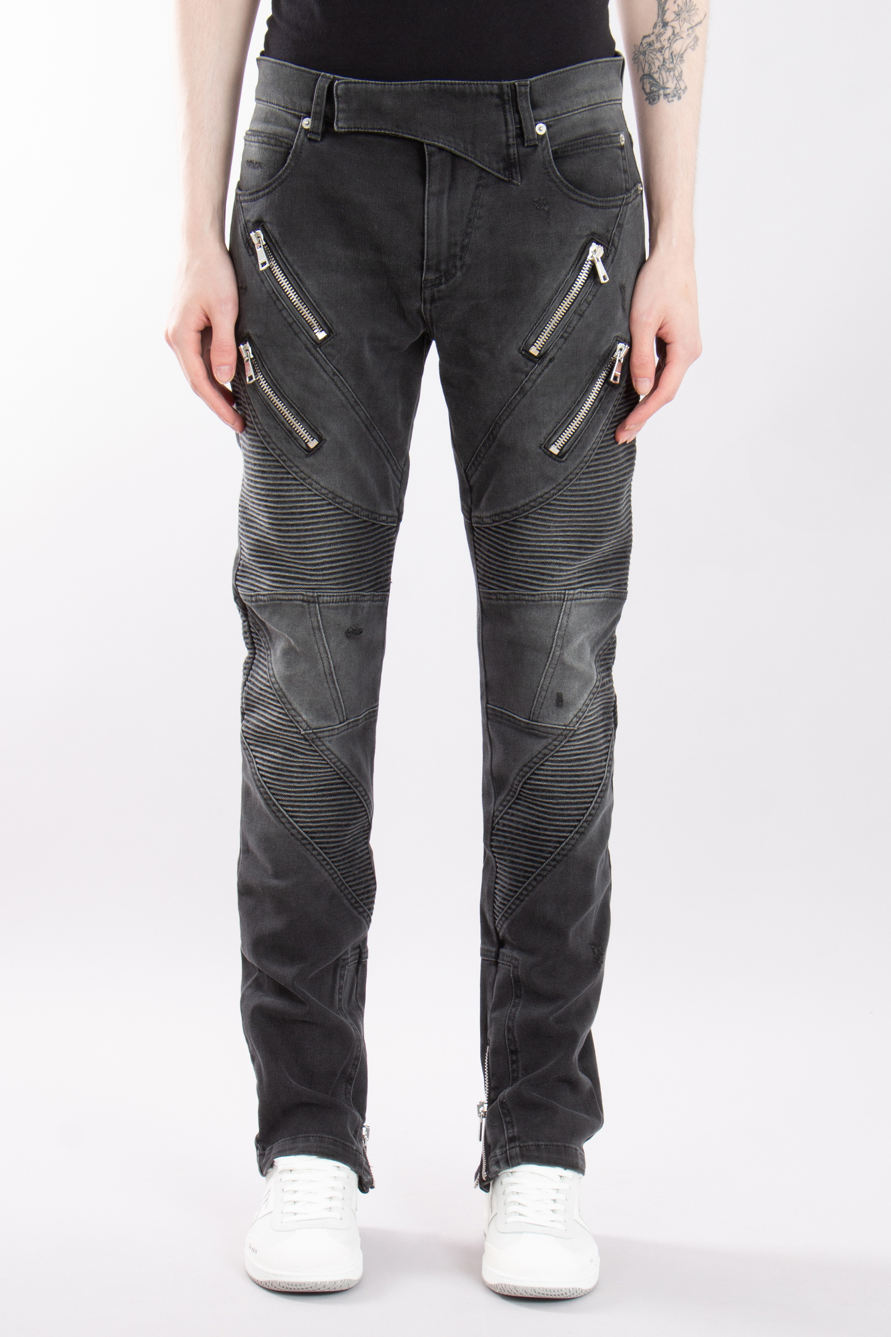 BALMAIN Cotton Stretch Denim Biker Jeans