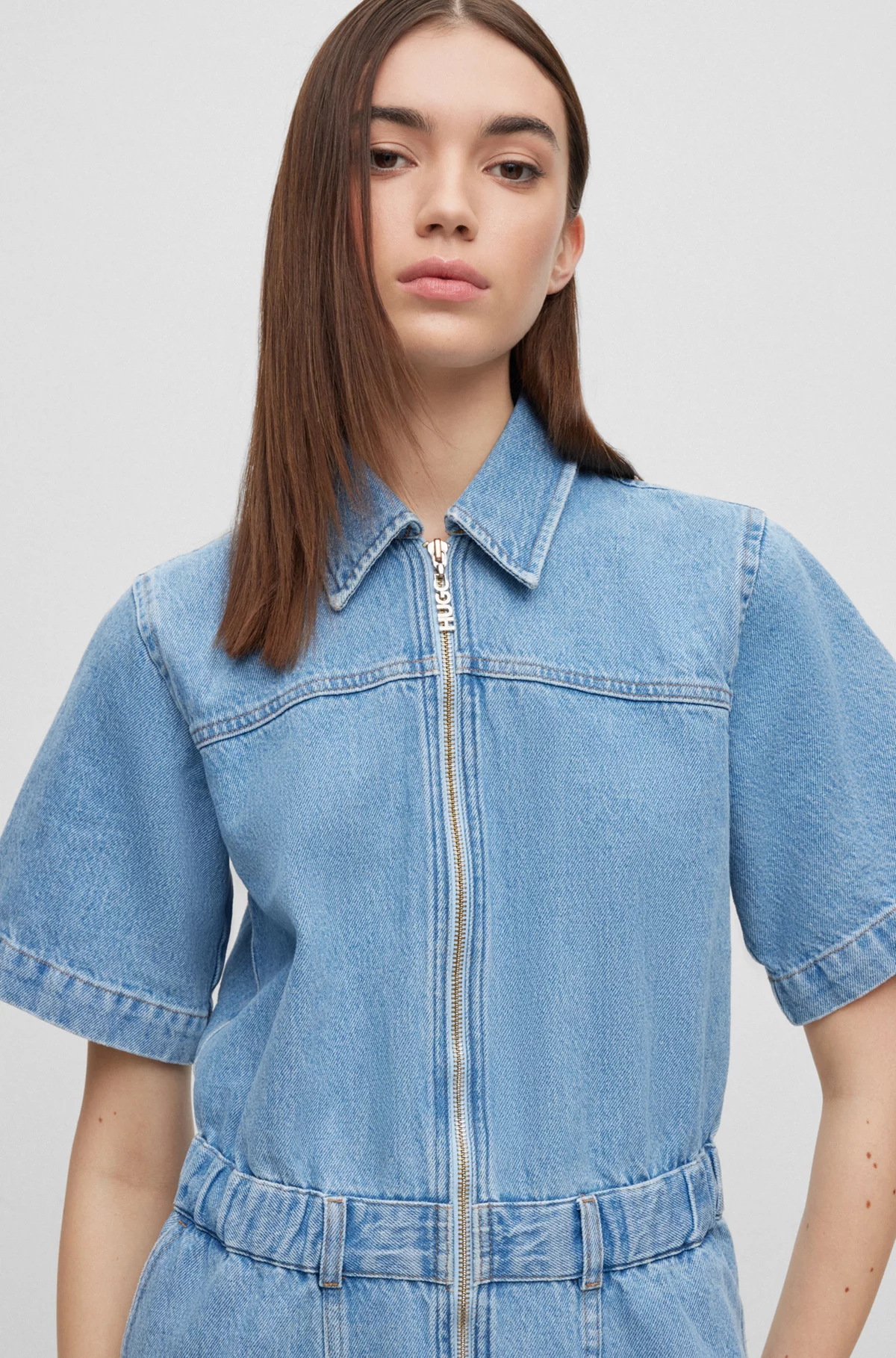 HUGO Zip-Up Cotton Denim Shirt Dress