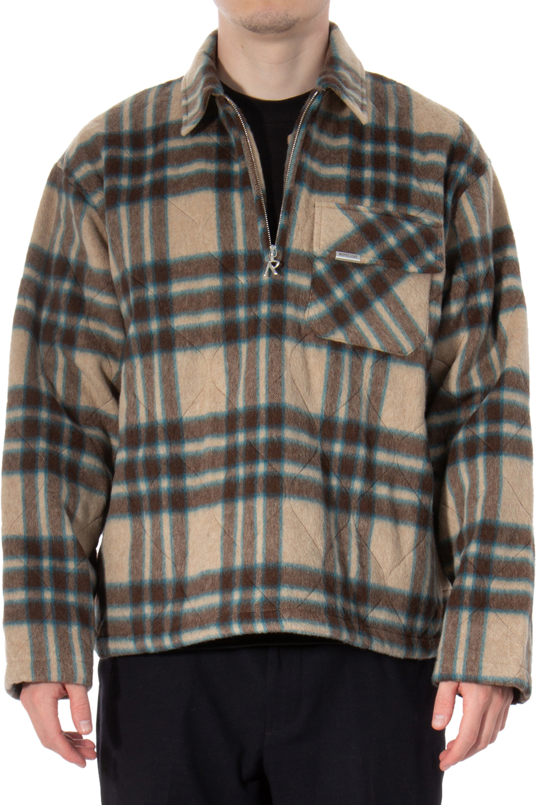 REPRESENT Checked Wool Blend Overshirt with Half-Zip