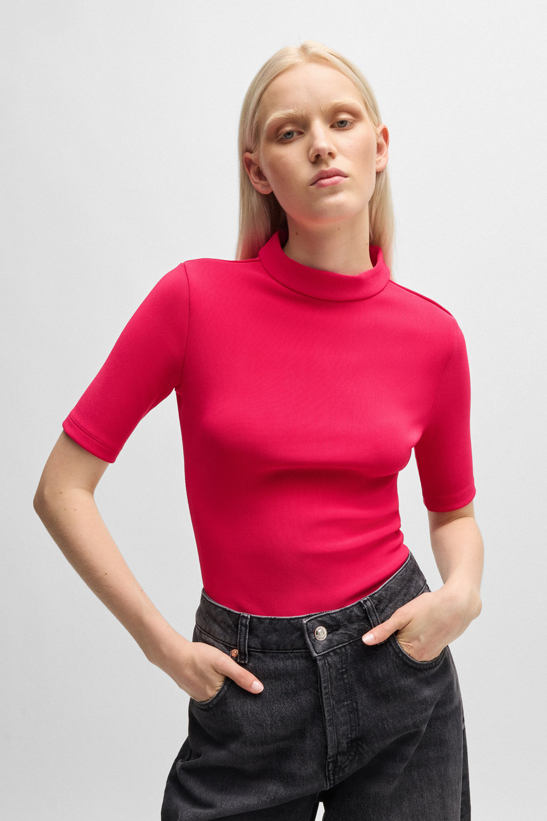 HUGO Ribbed Stretch Jersey Top Dagoon