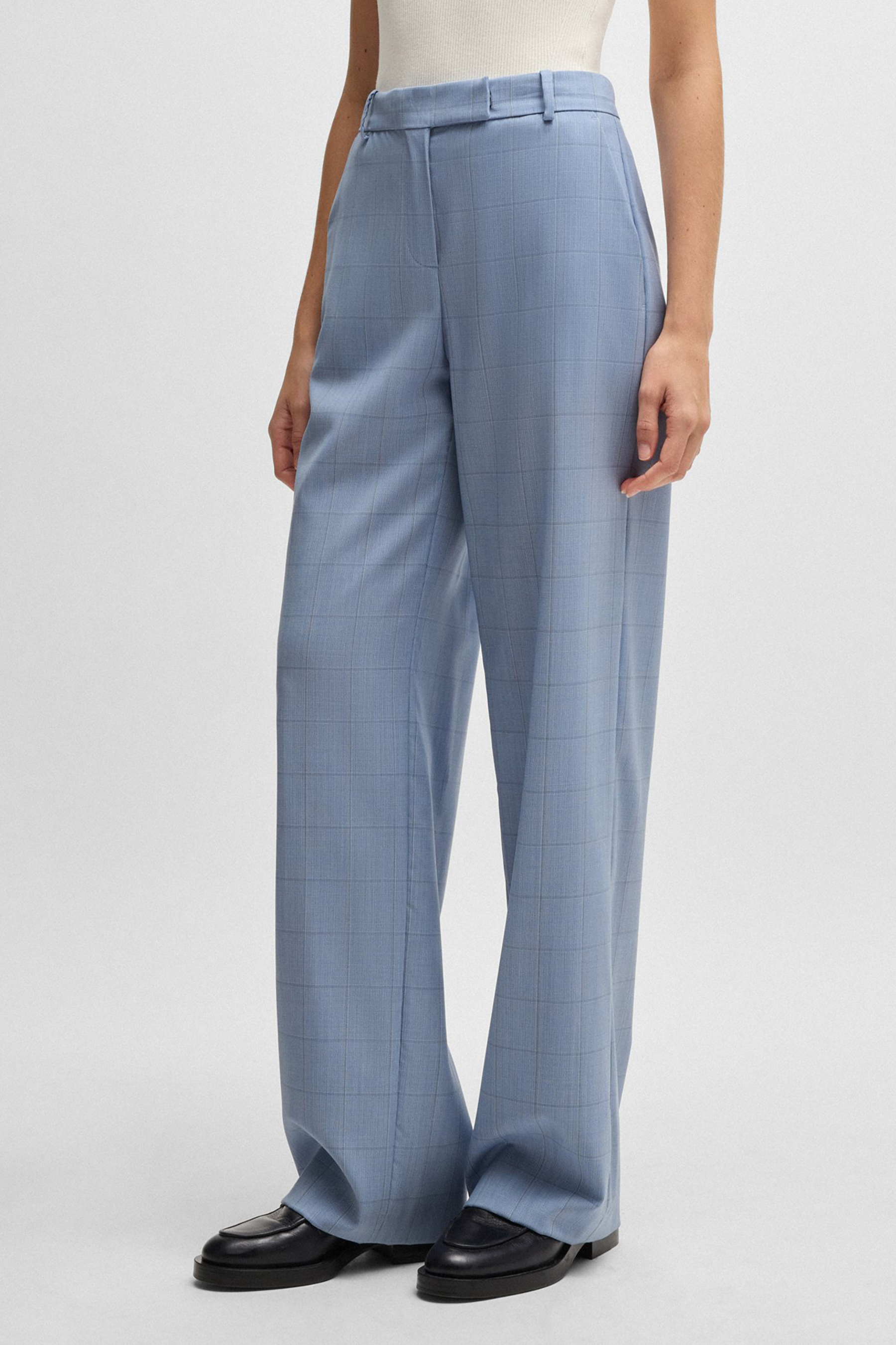 BOSS Straight Leg Checked Virgin Wool Pants Tilda