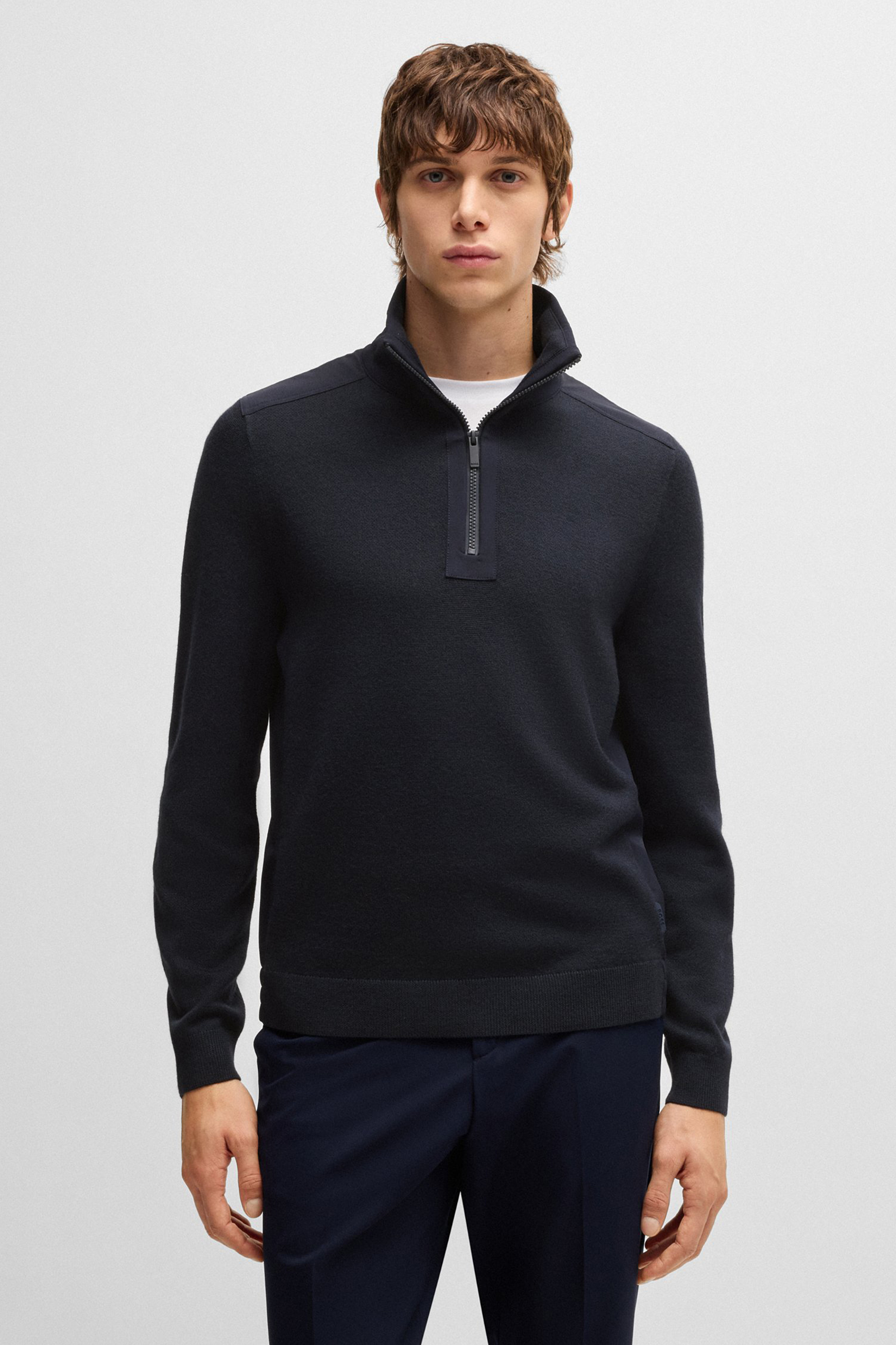 BOSS Virgin Wool Blend & Softshell Trim Zip-Neck Sweater P-Bart