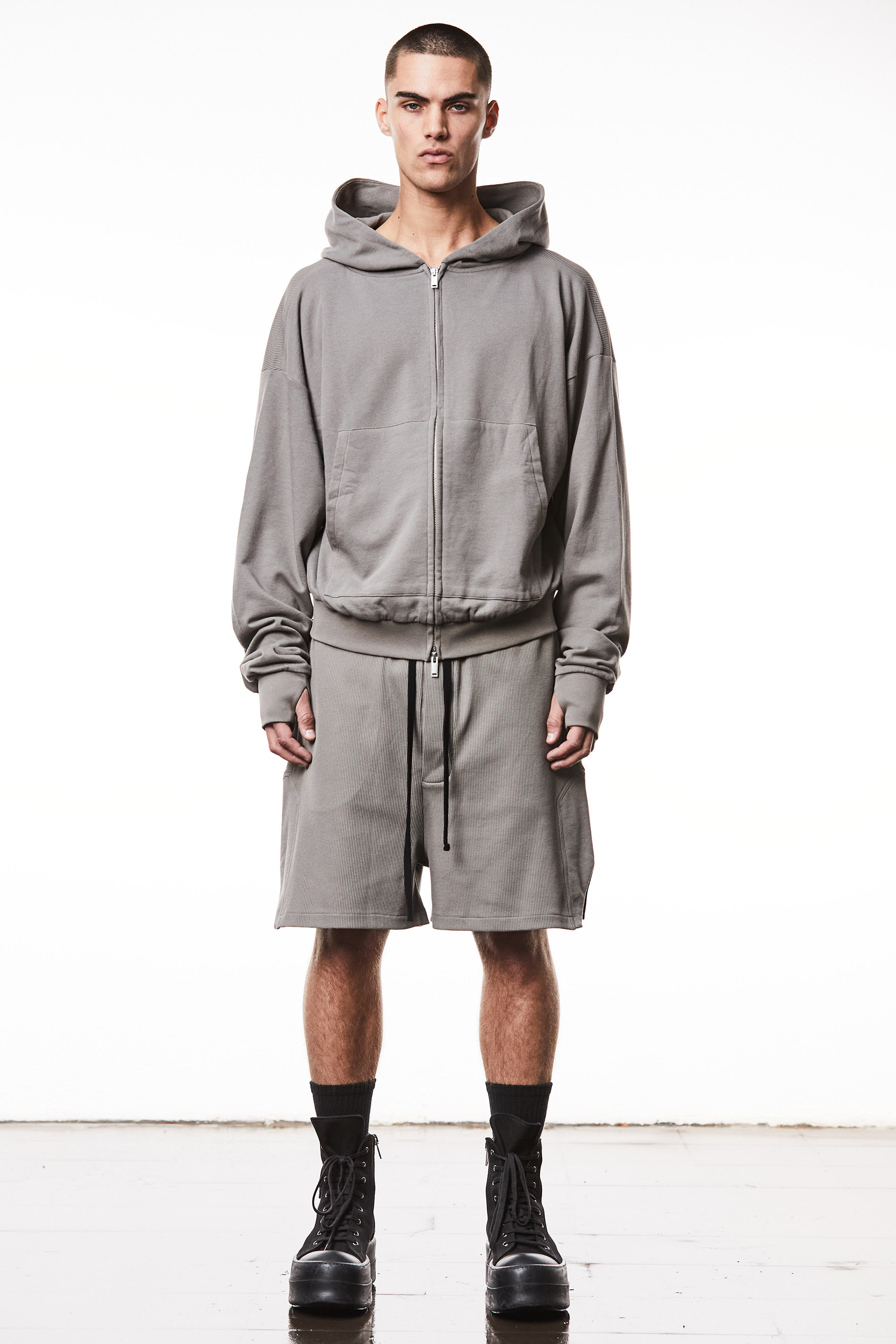 THOM KROM Oversized Cropped Matmix Cotton Jersey Zip-Up Hoodie