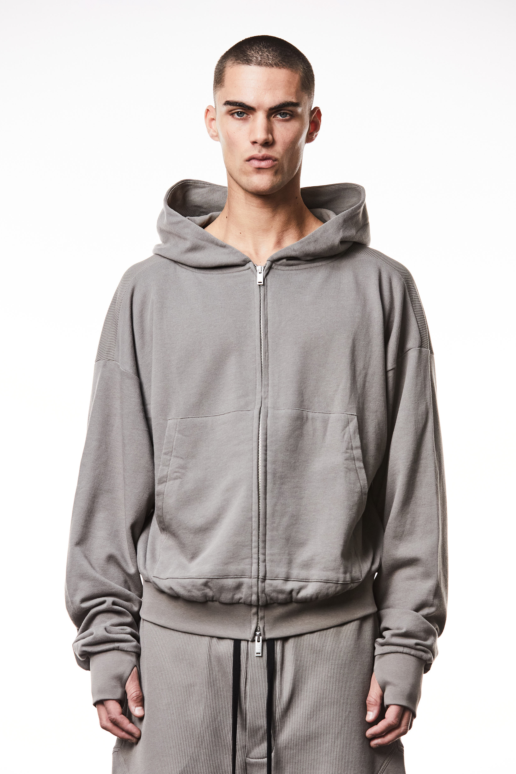 THOM KROM Oversized Cropped Matmix Cotton Jersey Zip-Up Hoodie