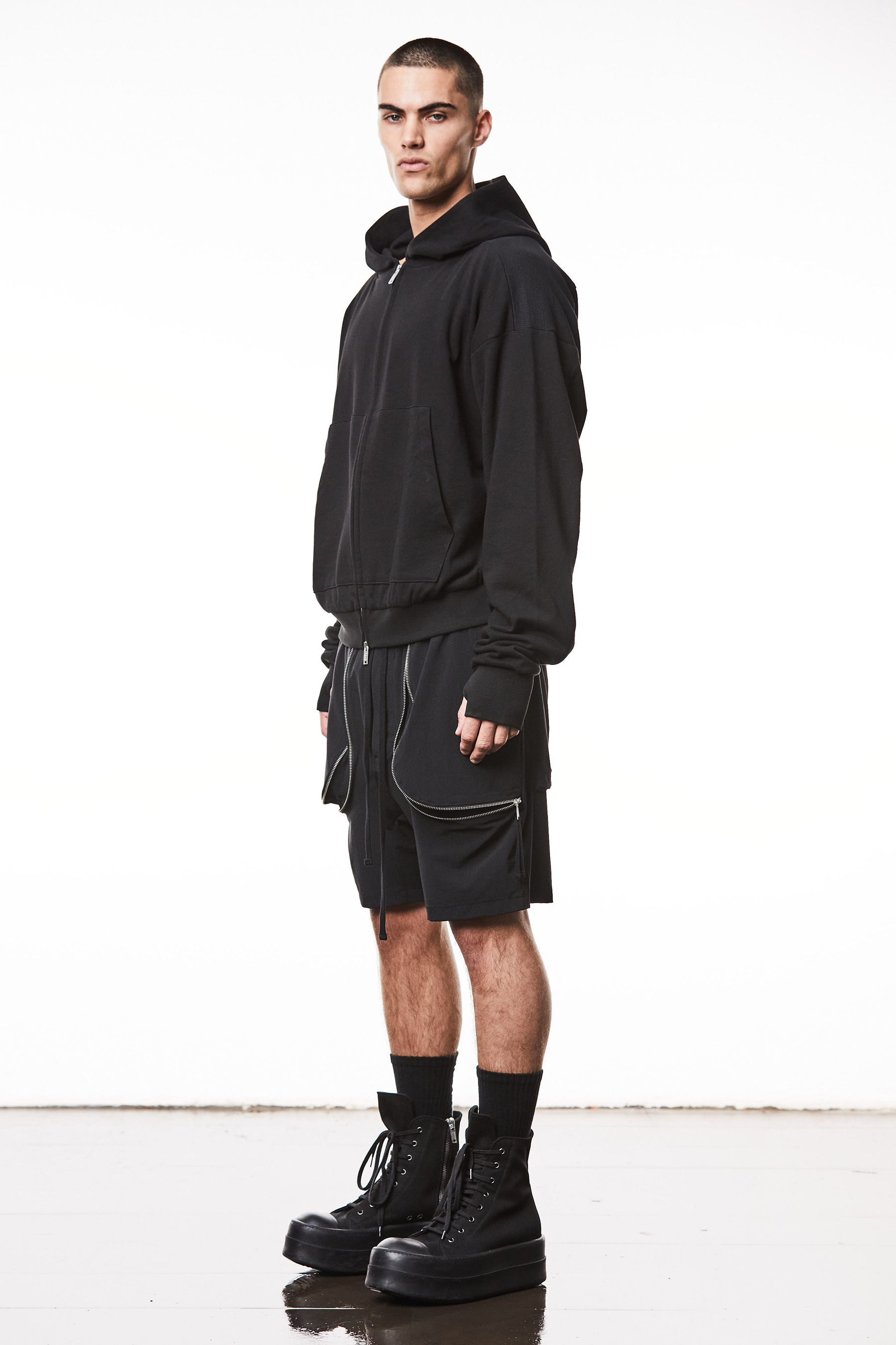 THOM KROM Oversized Cropped Matmix Cotton Jersey Hooded Sweat Jacket