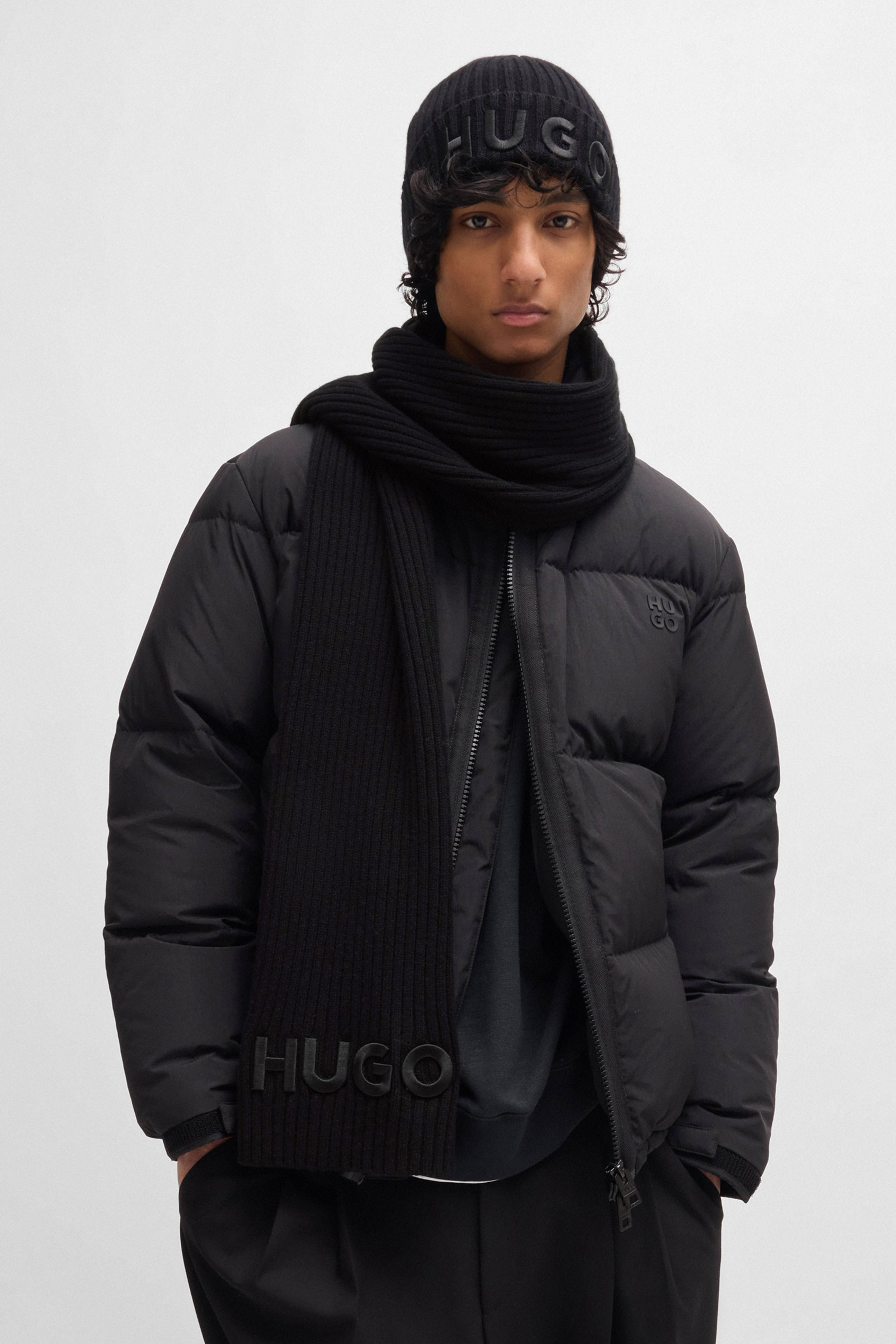 HUGO Embroidered Ribbed Virgin Wool Scarf Zunio