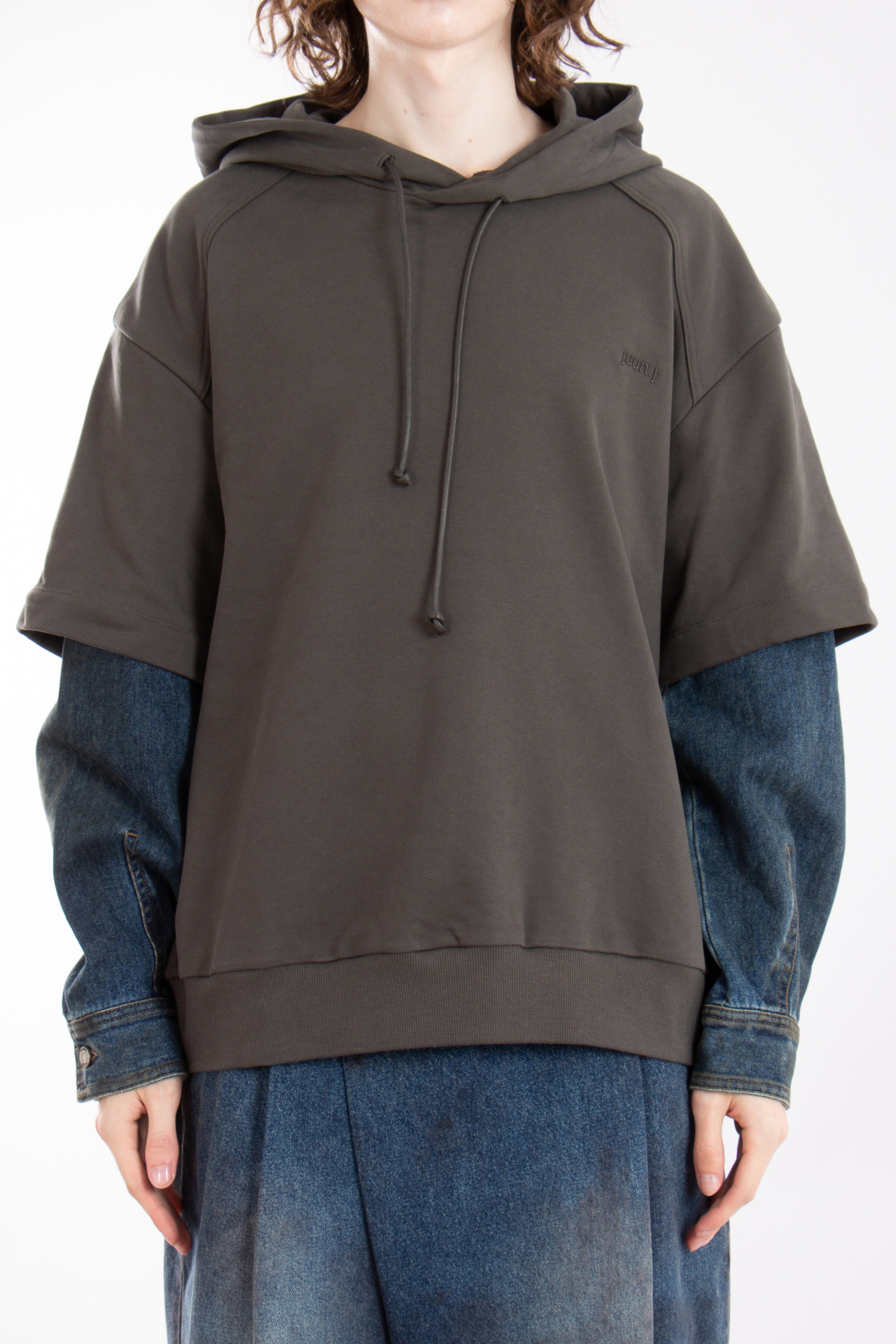 JUUN.J Cotton Jersey & Oil-Washed Denim Hoodie