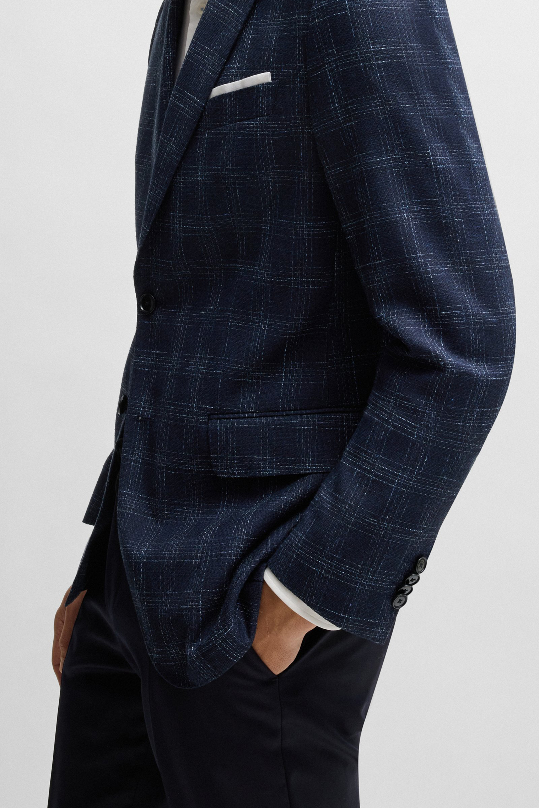 BOSS Slim Fit Checked Virgin Wool-Cotton-Linen Blend Jacket H-Hutson 