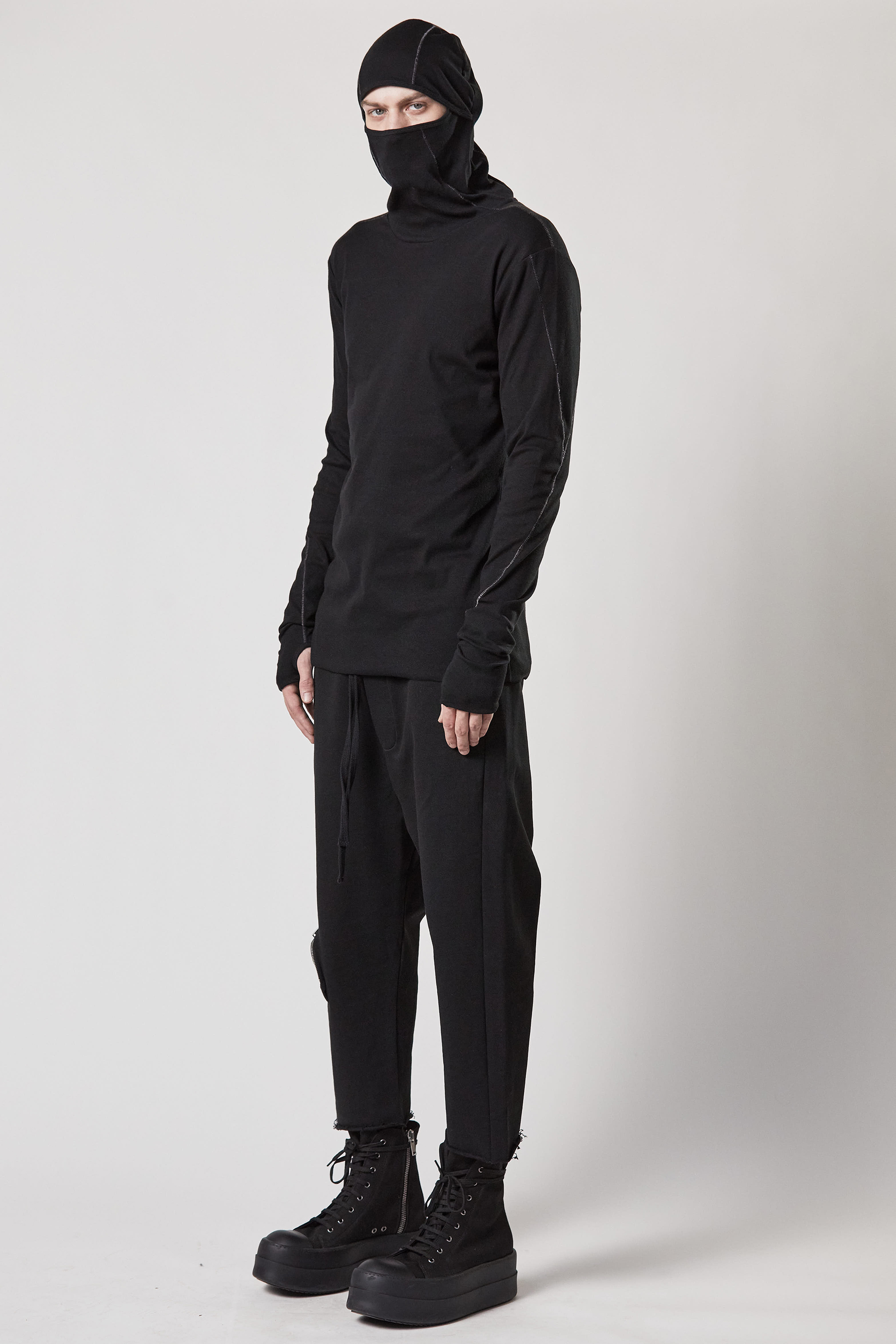 THOM KROM Balaclava Hooded Ribbed Cotton Stretch Longsleeve T-Shirt