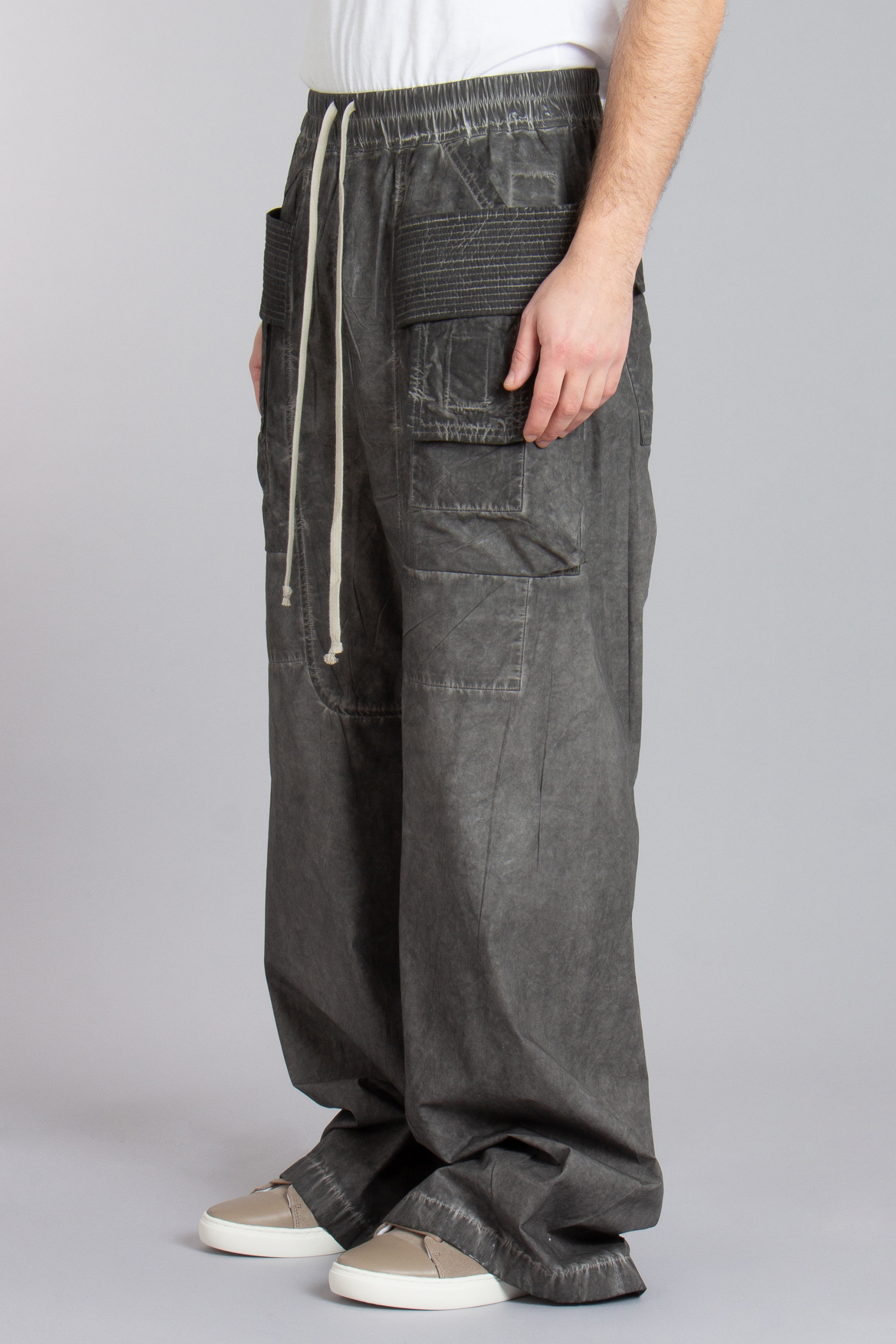 RICK OWENS DRKSHDW Creatch Wide Cargo Drawstring Foil Cotton Poplin Pants