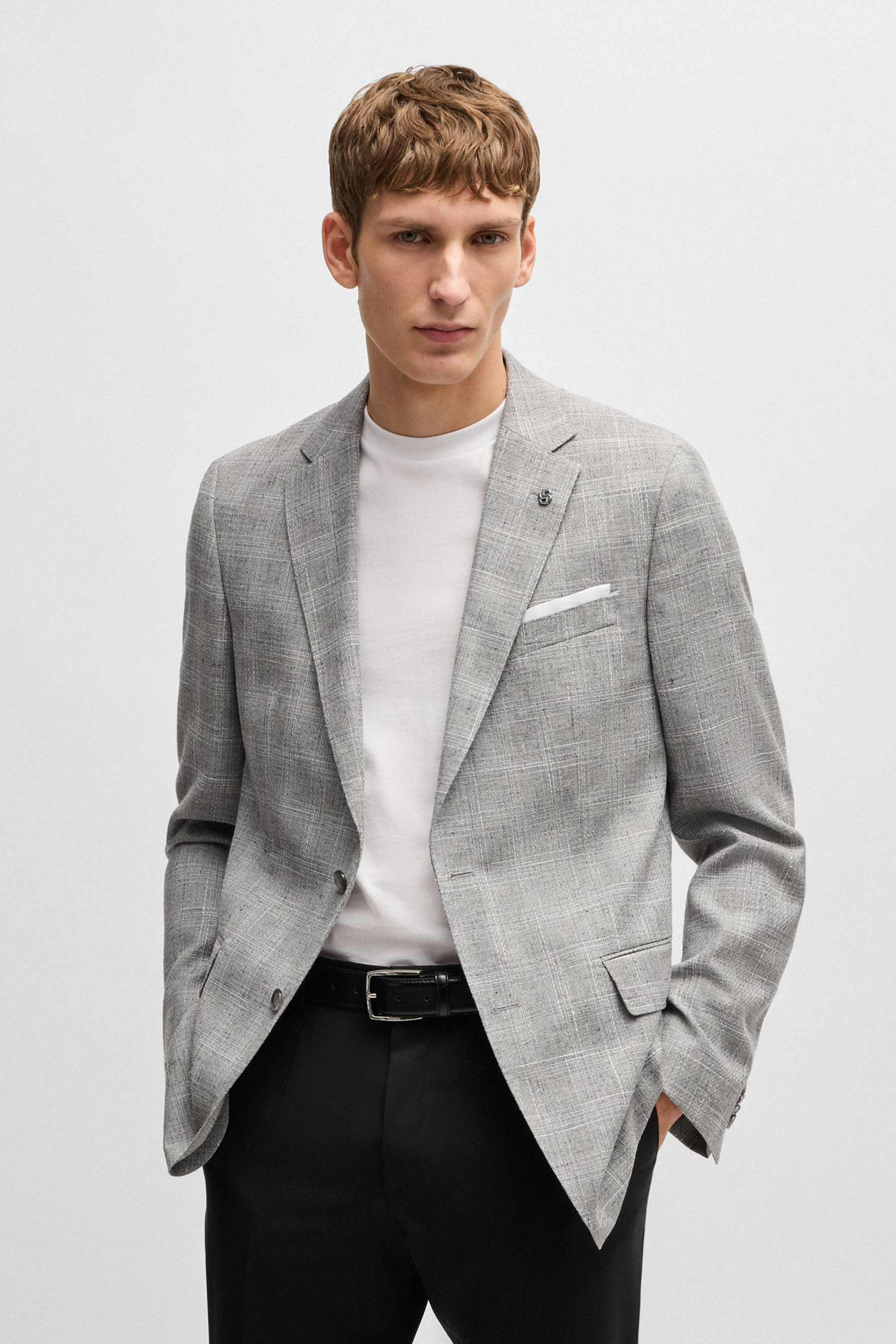 BOSS Slim Fit Checked Virgin Wool-Cotton-Linen Blend Jacket H-Hutson 