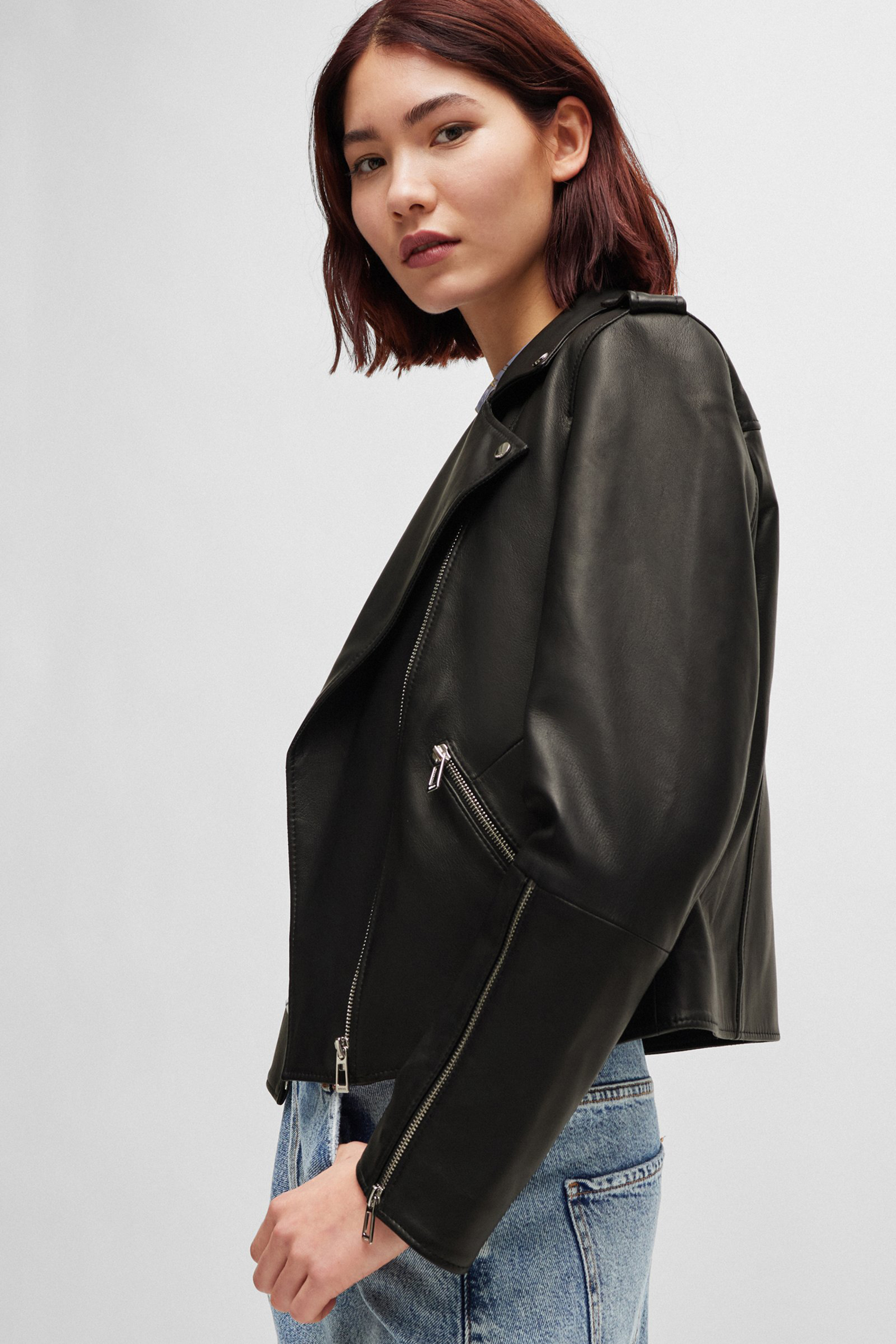 HUGO Regular Fit Leather Biker Jacket Lujana