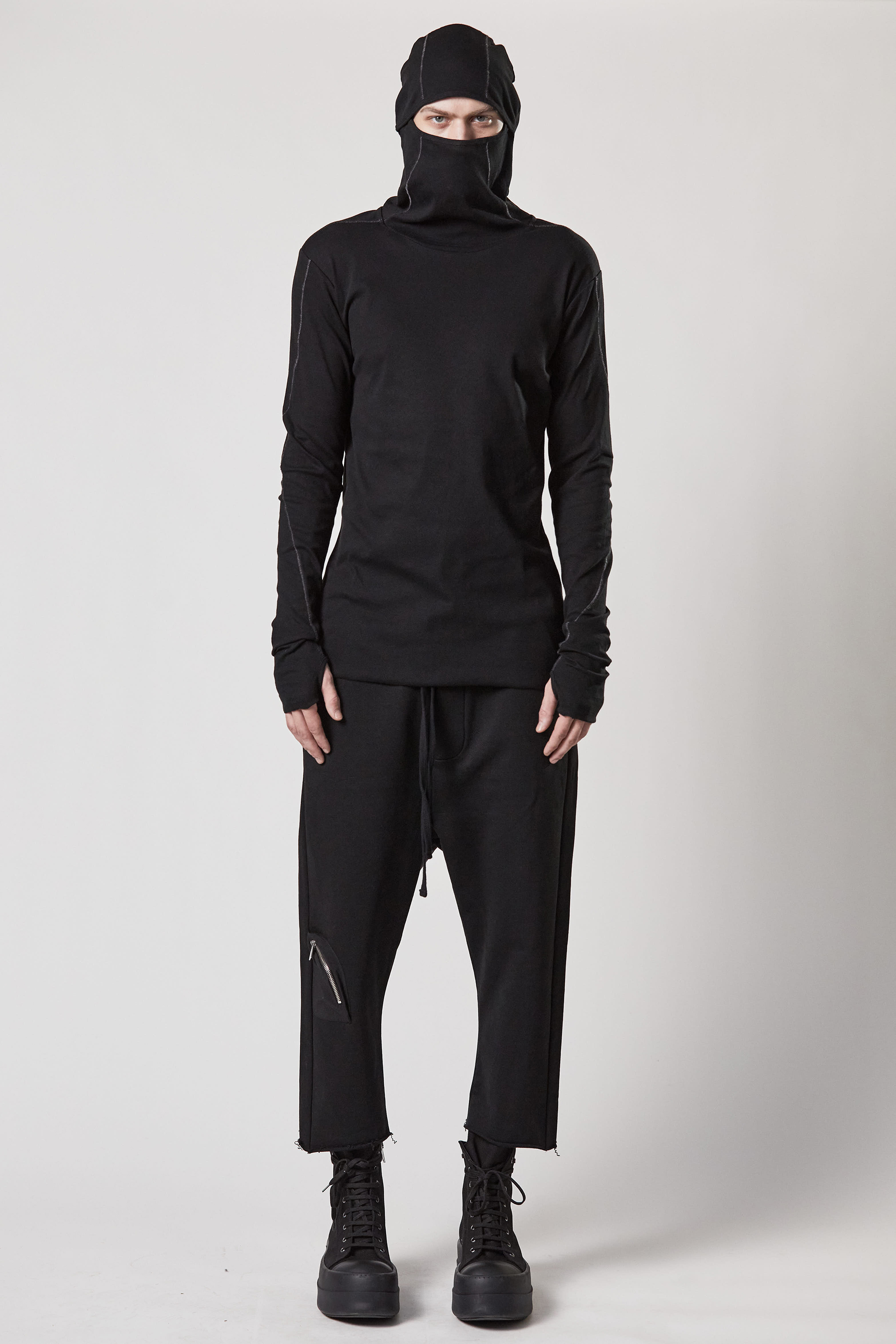 THOM KROM Balaclava Hooded Ribbed Cotton Stretch Long Sleeve T-Shirt