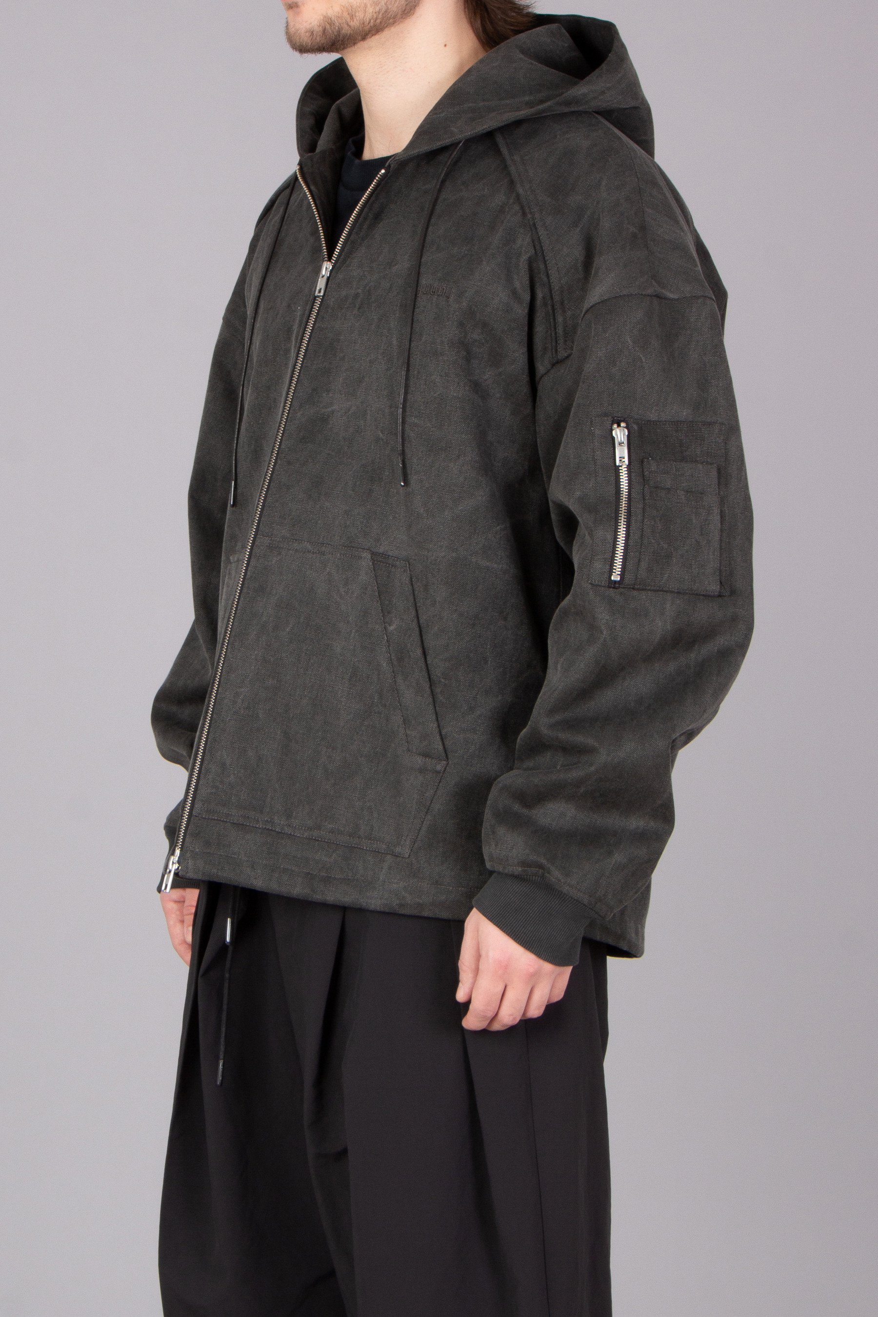 JUUN.J Oversized Puckering Cotton Canvas Zip-Up Hoodie