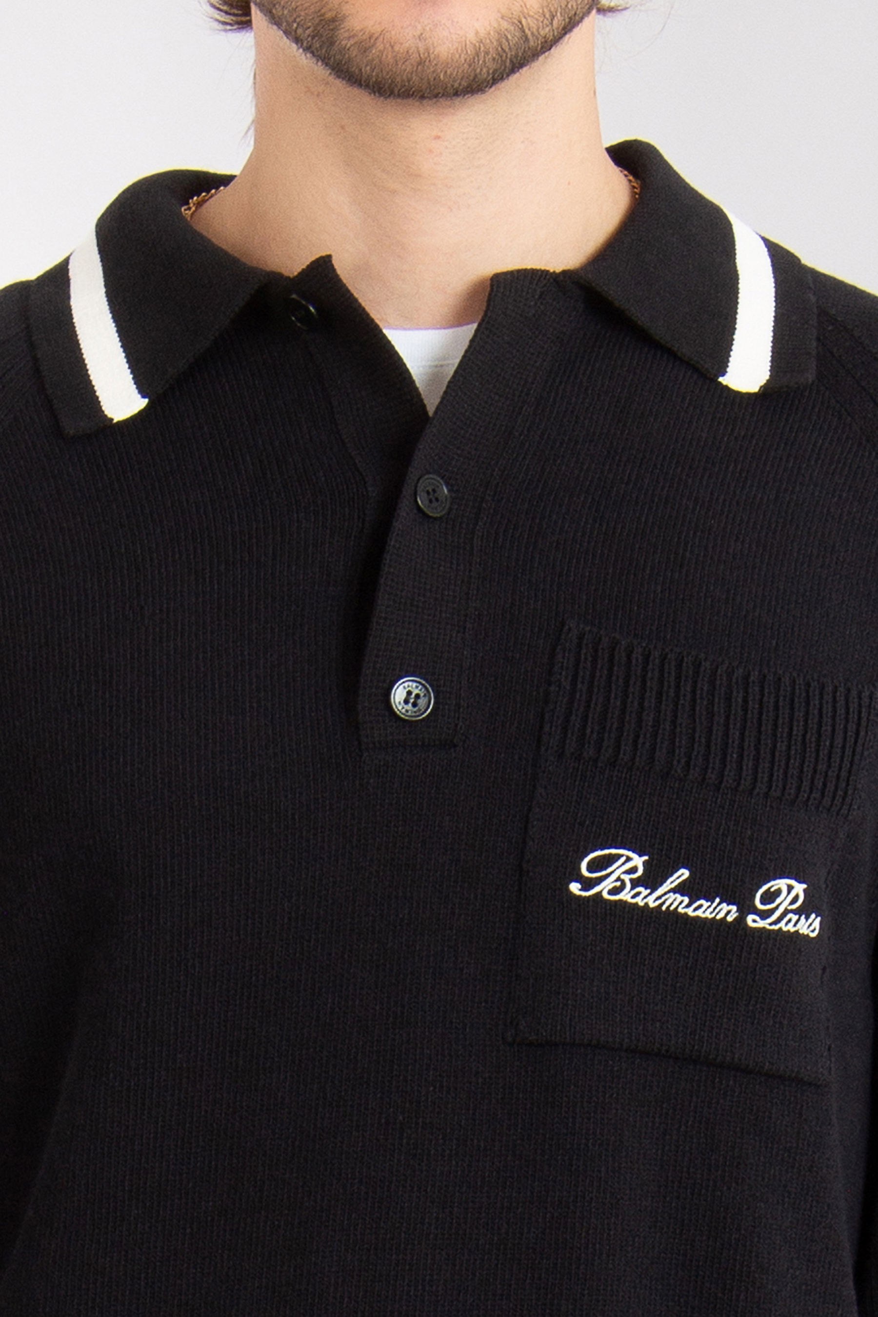 BALMAIN Longsleeve Lyocell-Cotton-Blend Knit Polo