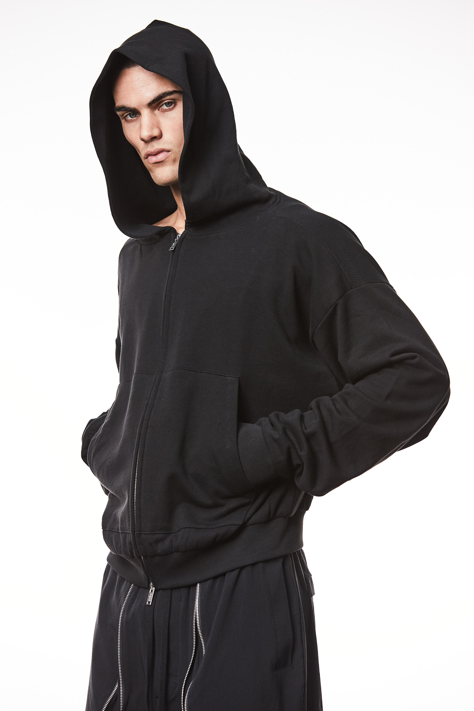 THOM KROM Oversized Cropped Matmix Cotton Jersey Hooded Sweat Jacket