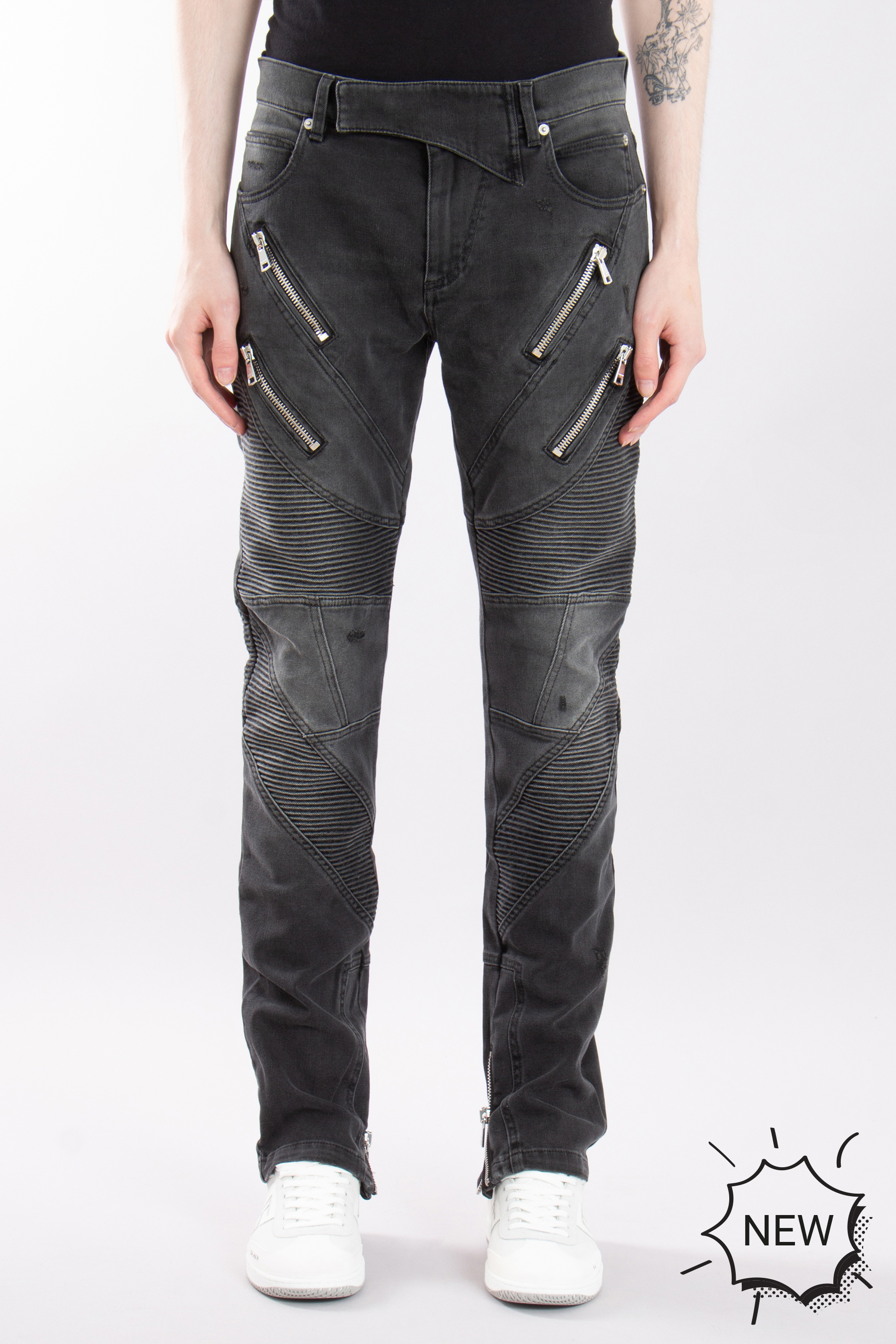 BALMAIN Cotton Stretch Denim Biker Jeans