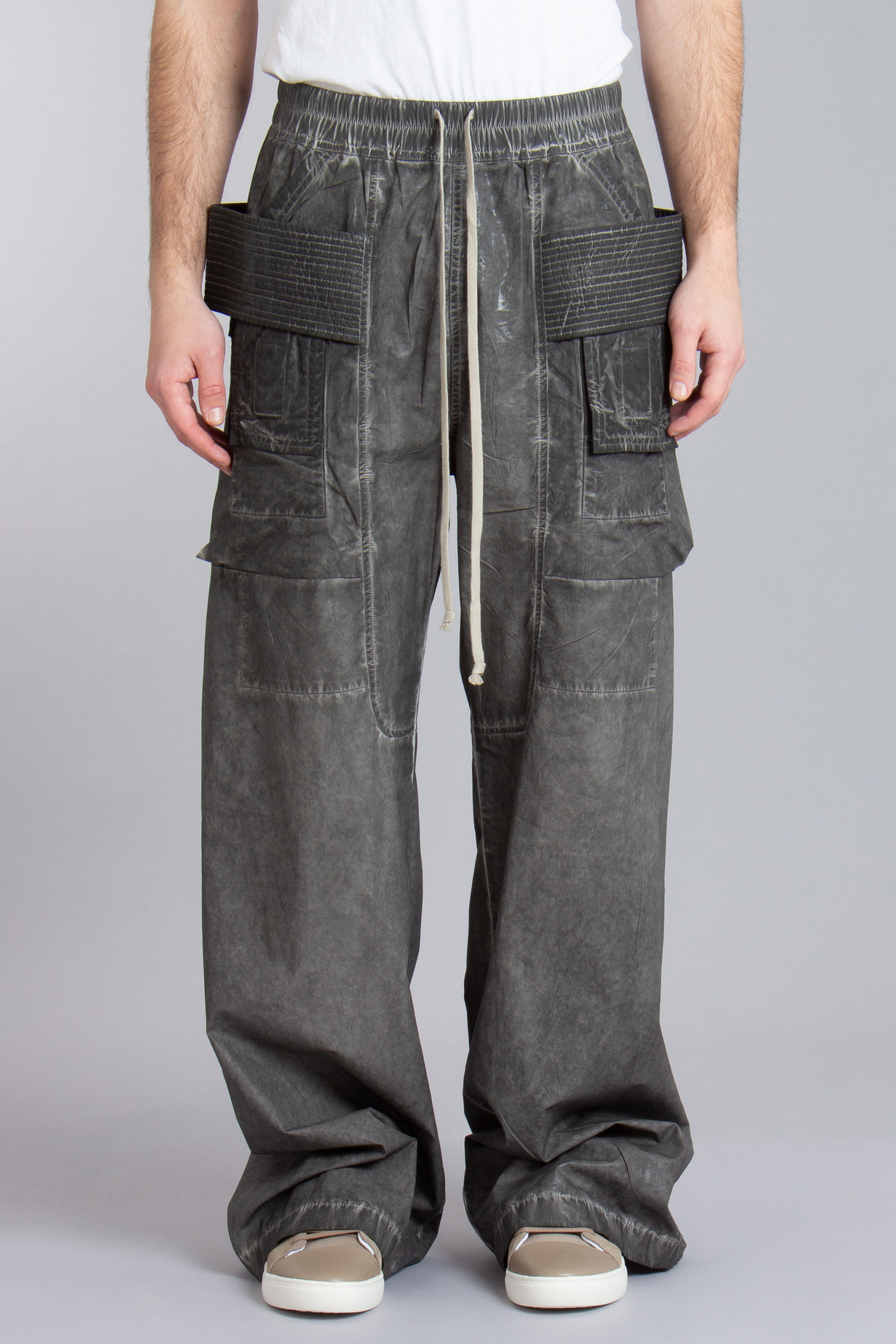 RICK OWENS DRKSHDW Creatch Wide Cargo Drawstring Foil Cotton Poplin Pants