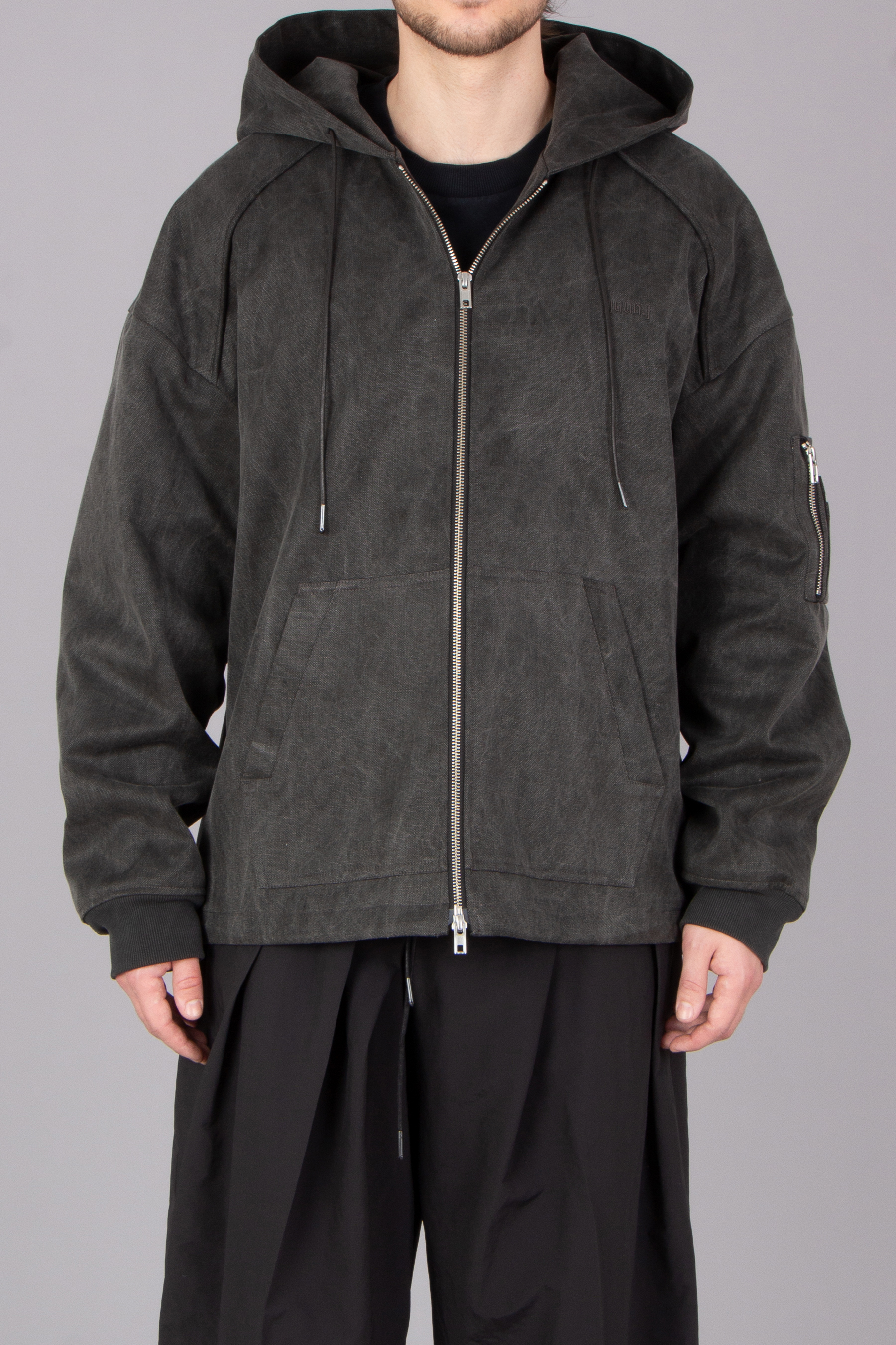 JUUN.J Oversized Puckering Cotton Canvas Zip-Up Hoodie