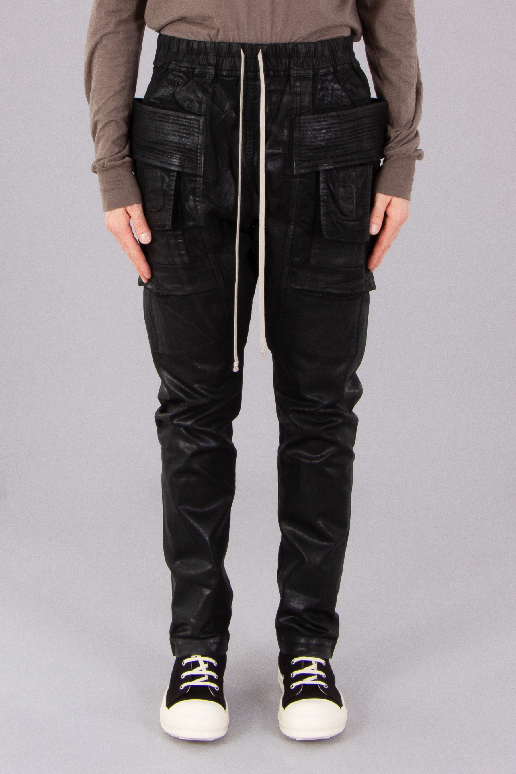 RICK OWENS DRKSHDW Creatch Cargo Drawstring Overdyed Foil Stretch Denim Pants