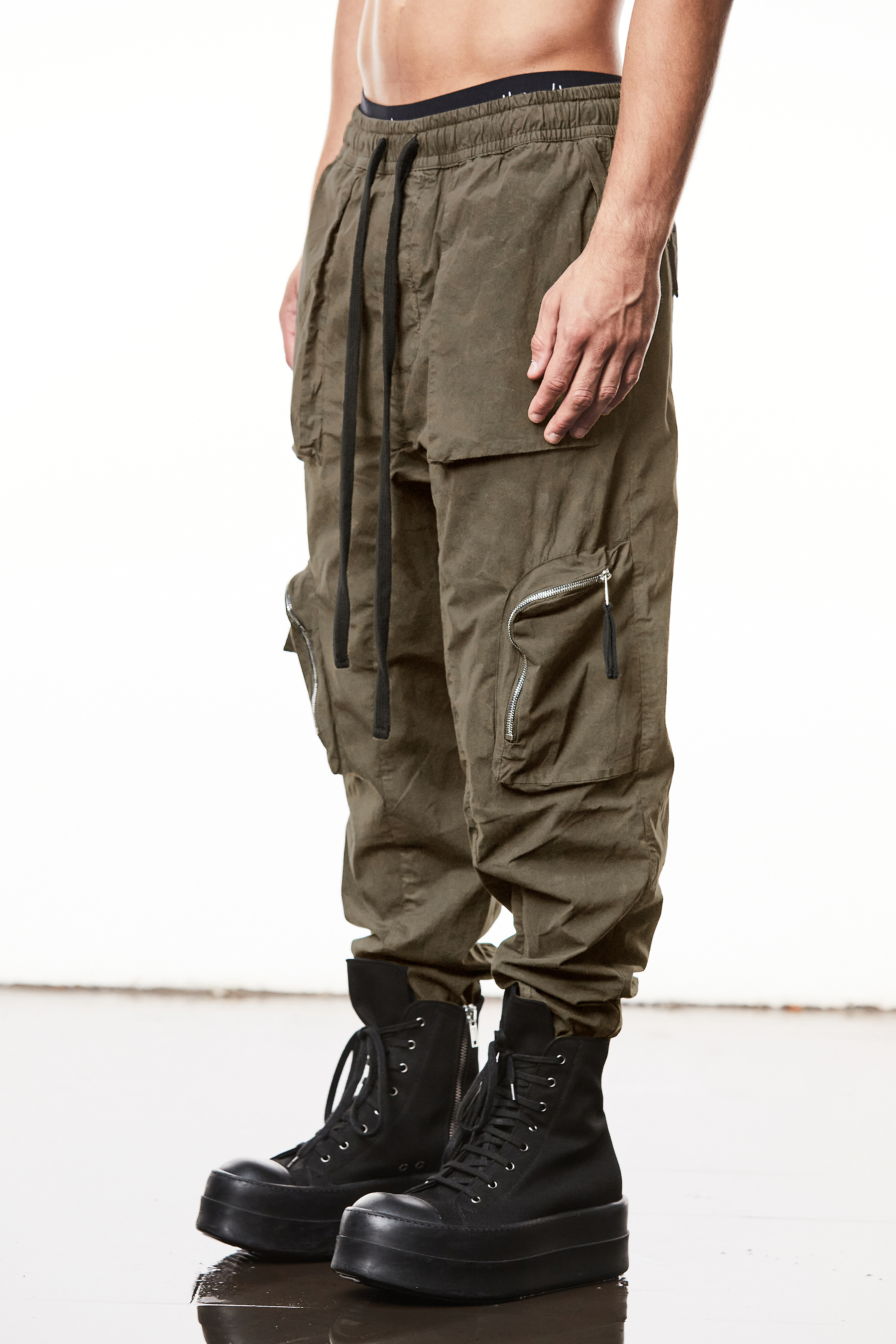 THOM KROM Dropped Crotch Washed Crashed Cotton Stretch Cargo Pants