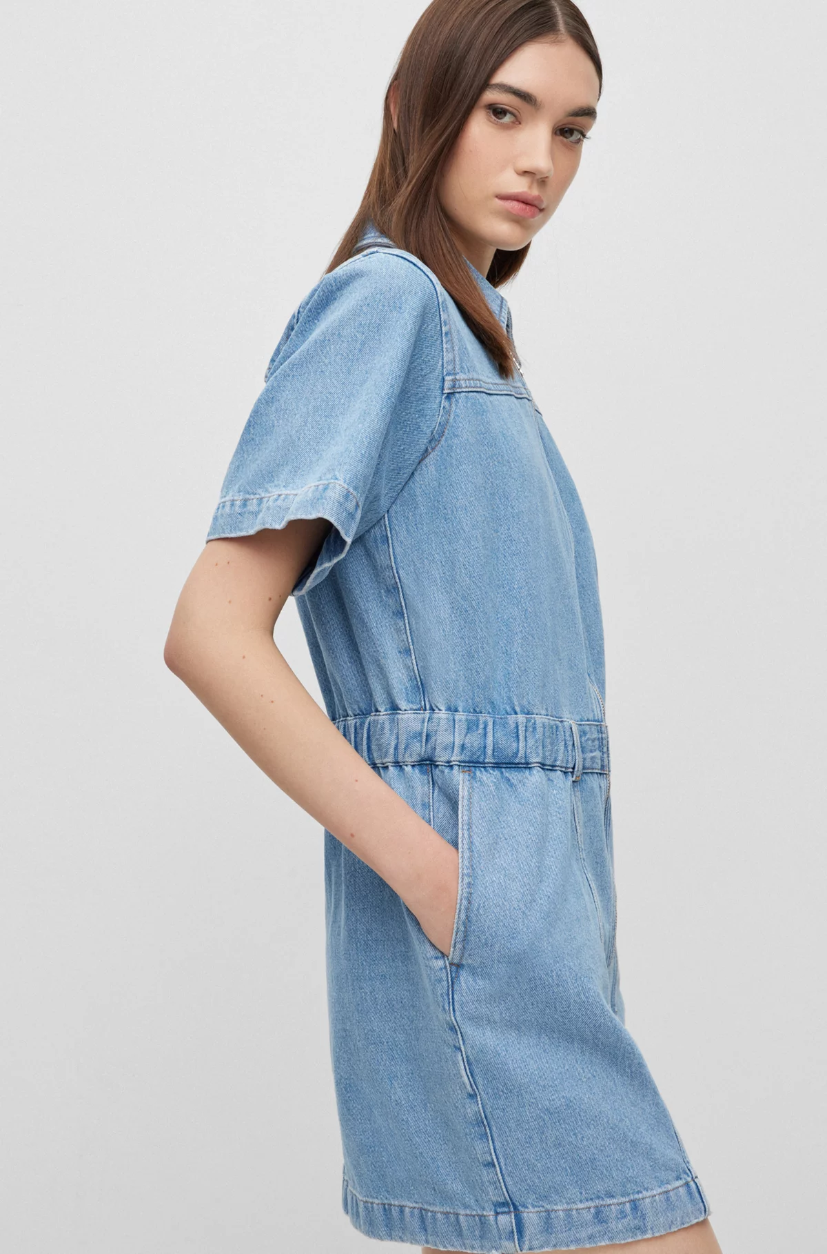 HUGO Zip-Up Cotton Denim Shirt Dress