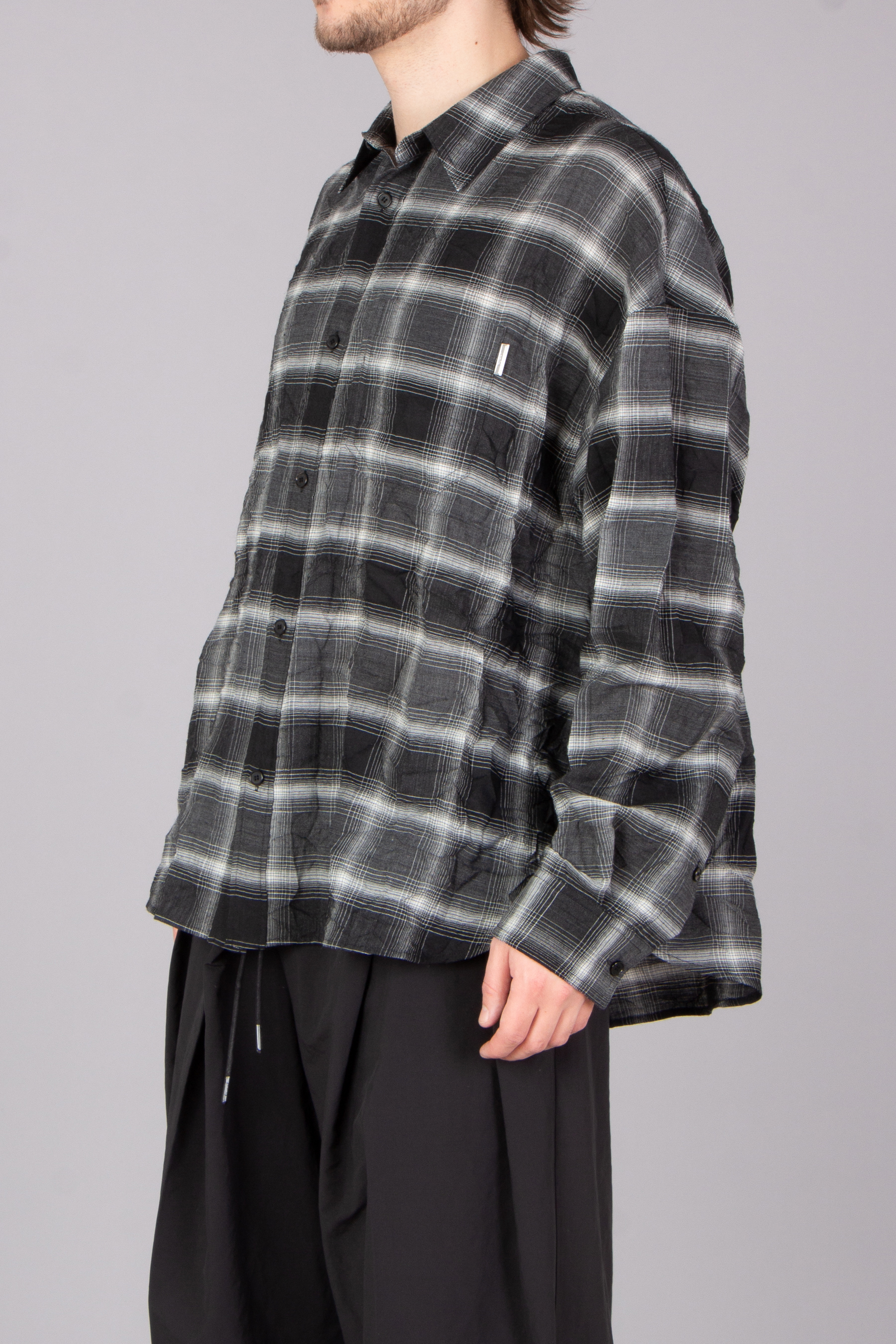 JUUN.J Loose Fit Checked Crinkle Wool Blend Overshirt