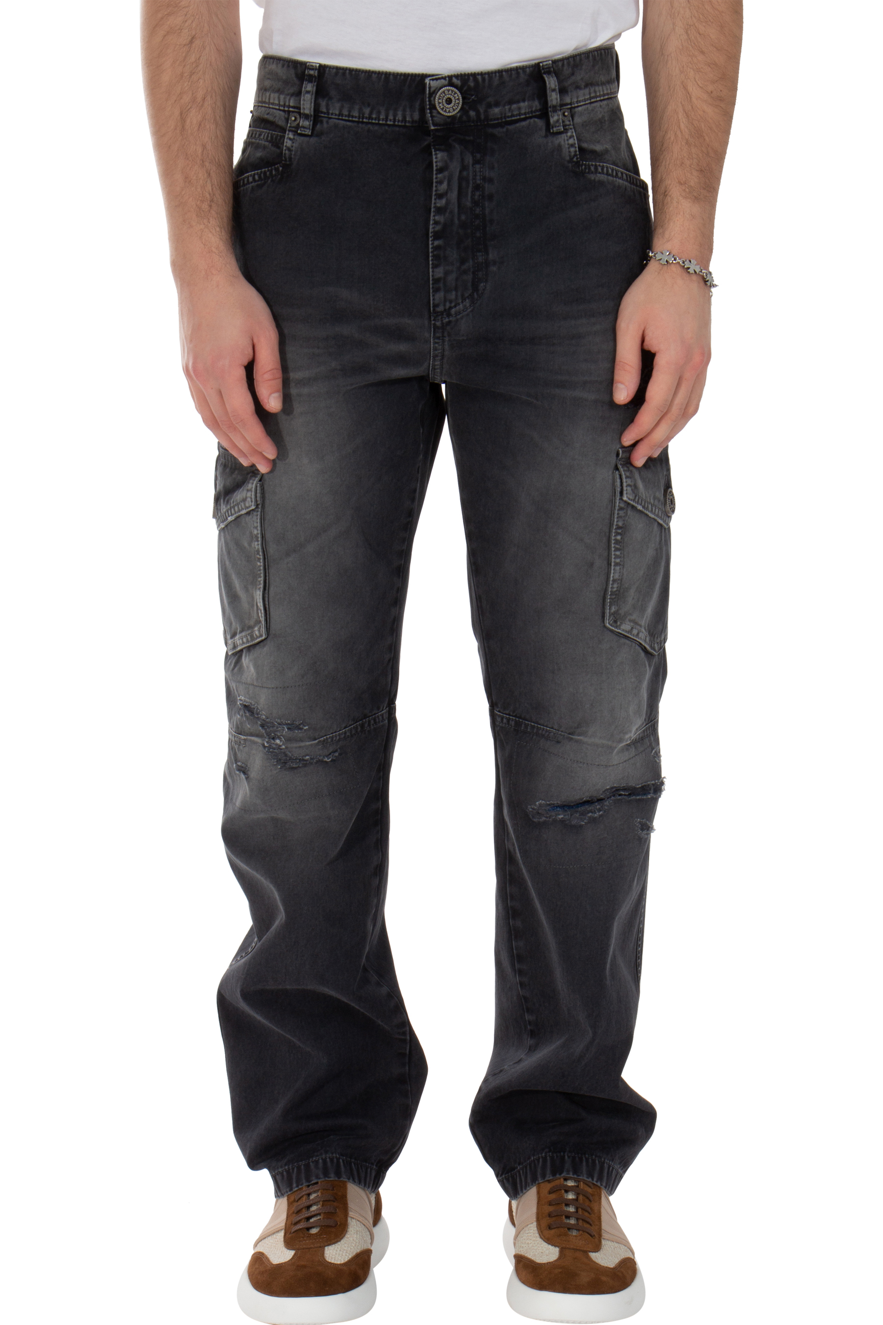 BALMAIN Used-Look Cotton Denim Cargo Pants