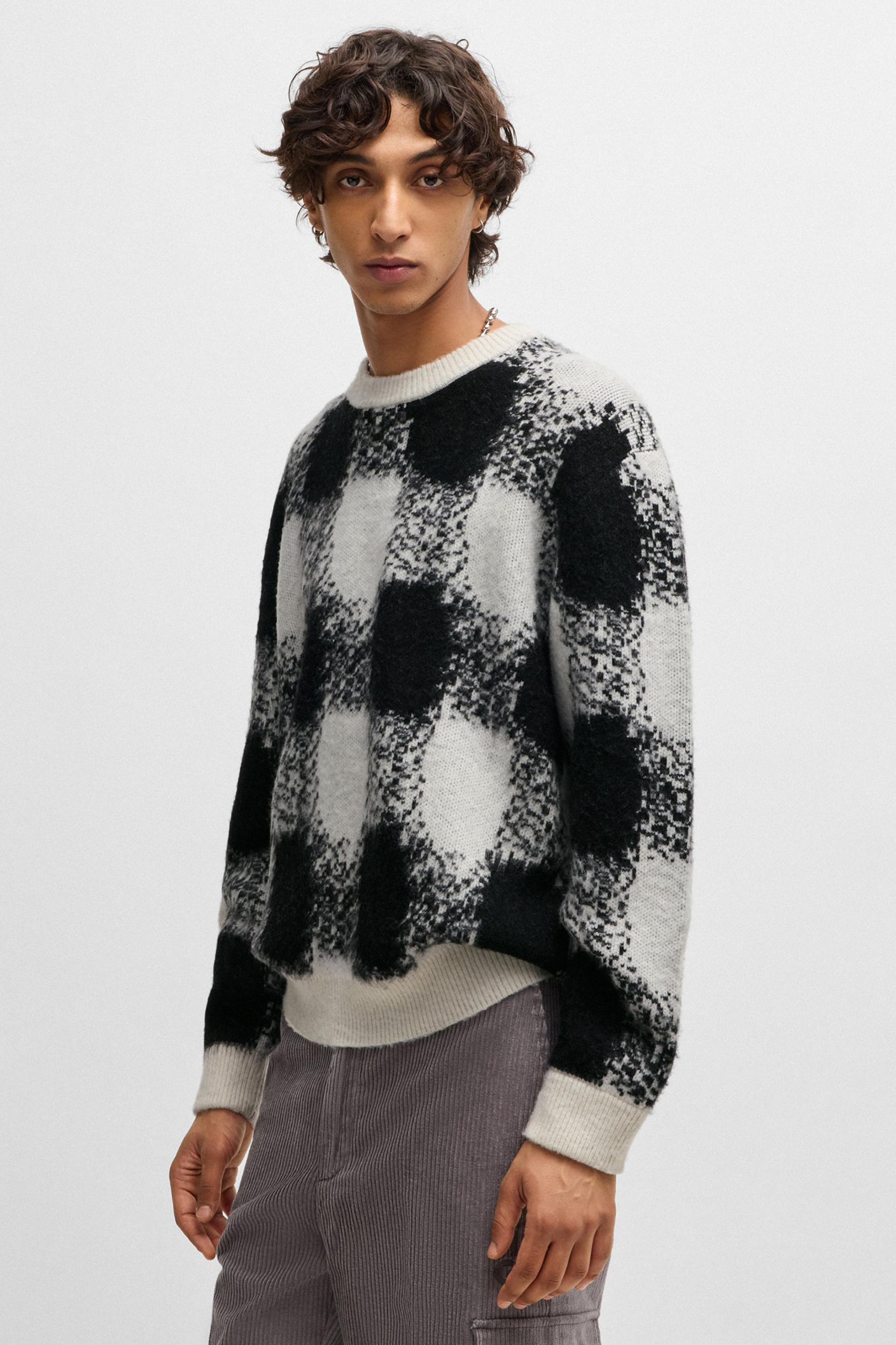 HUGO Oversized Checked Jacquard Knit Sweater Shequer