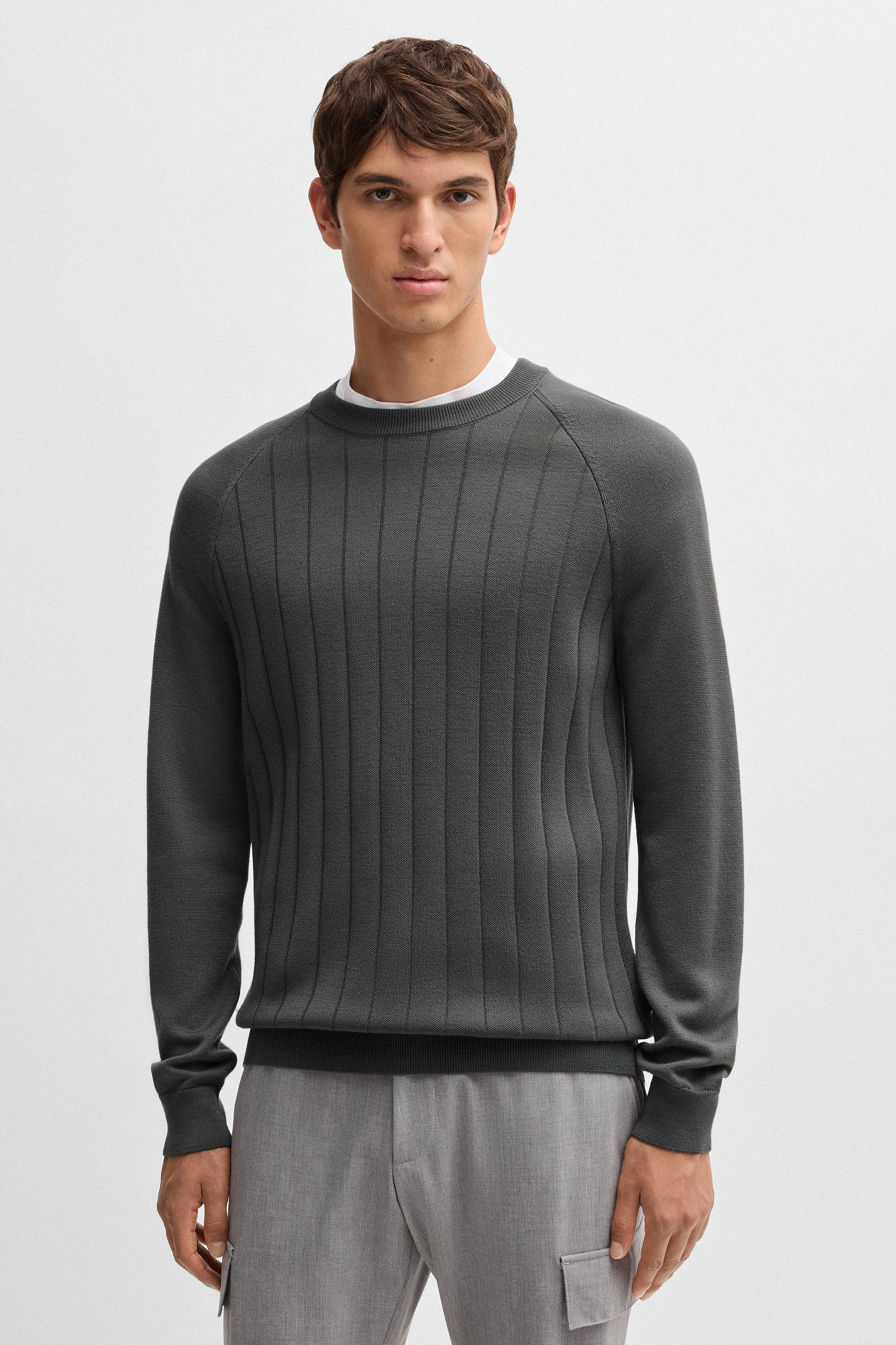 BOSS Striped Virgin Wool-Lyocell Blend Sweater H-Belugo